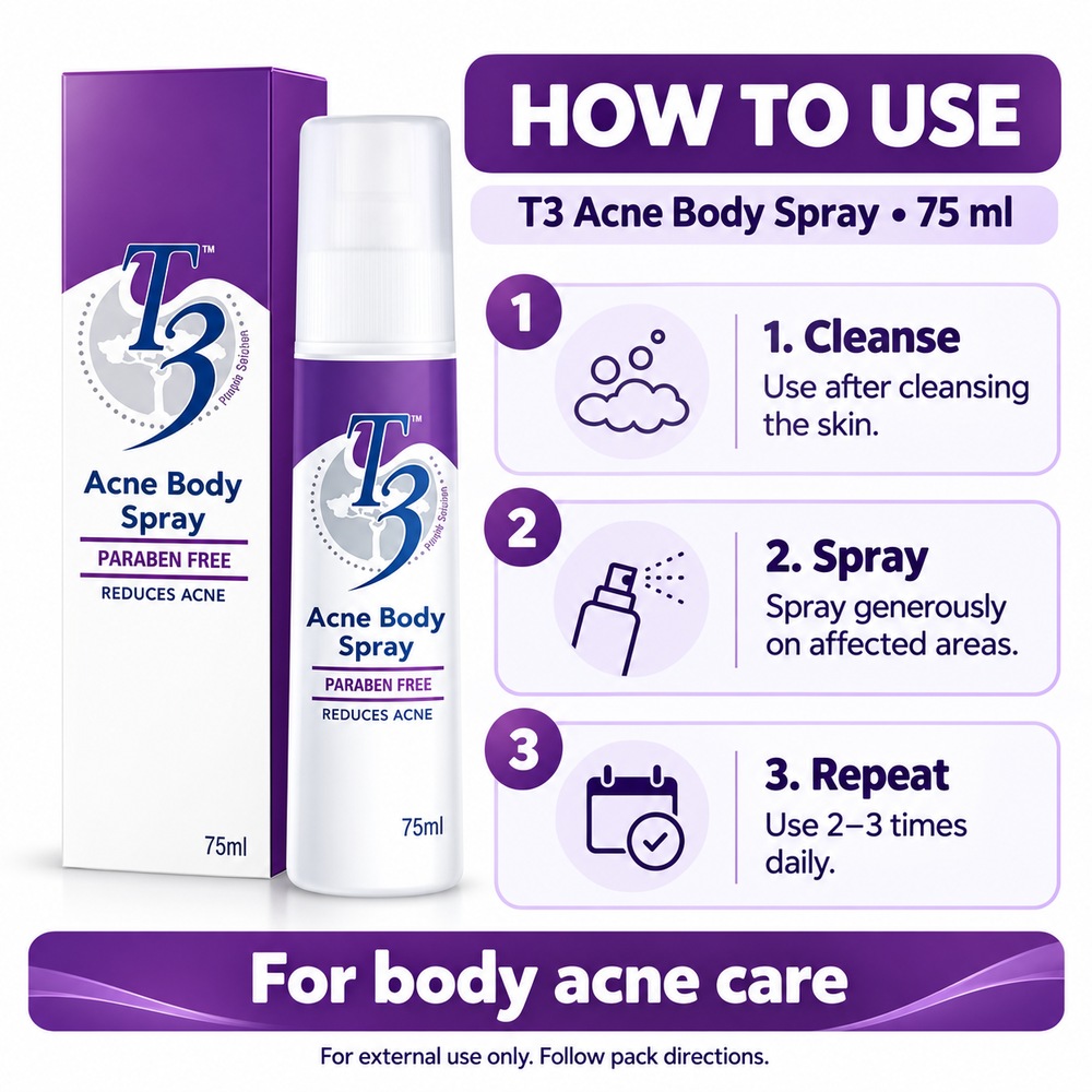 T3 Acne Body Spray 75ml with Tea Tree Oil Body Spray, Back Acne Care, Jerawat Badan