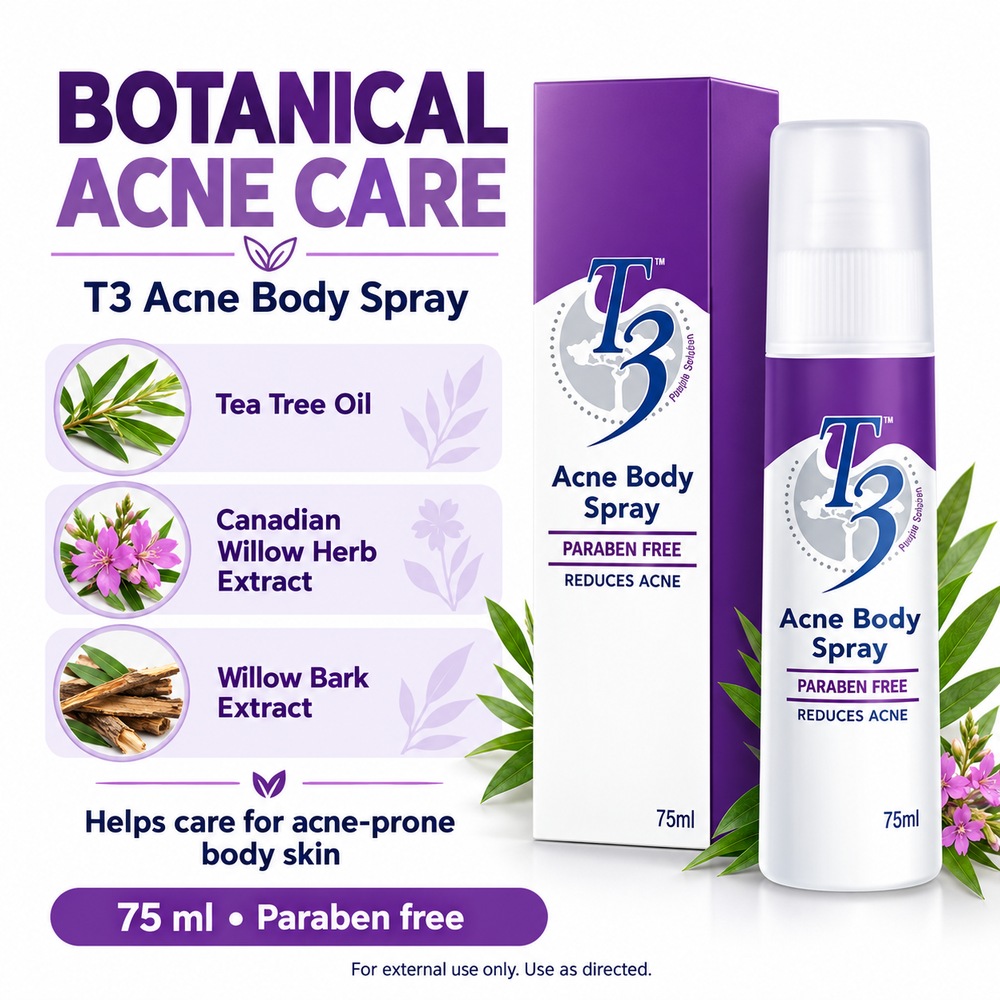 T3 Acne Body Spray 75ml with Tea Tree Oil Body Spray, Back Acne Care, Jerawat Badan