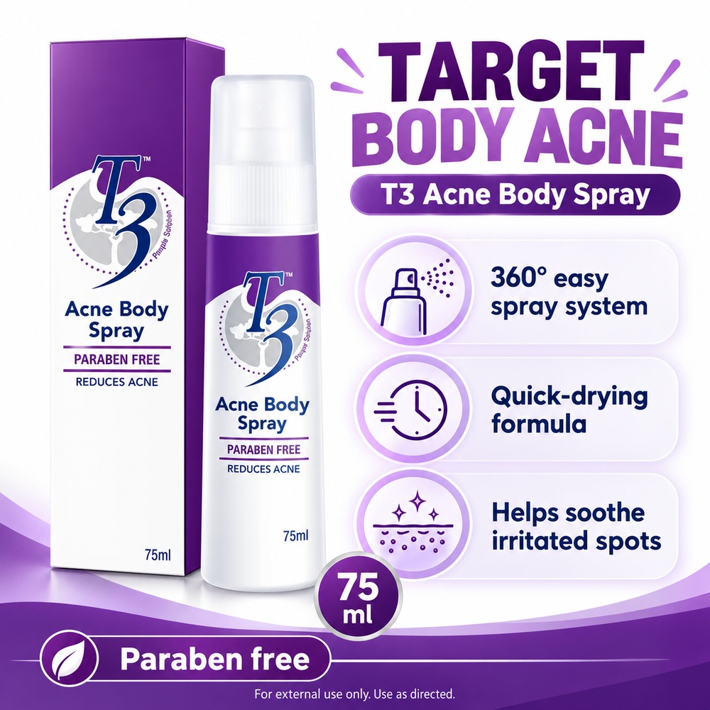 T3 Acne Body Spray 75ml with Tea Tree Oil Body Spray, Back Acne Care, Jerawat Badan