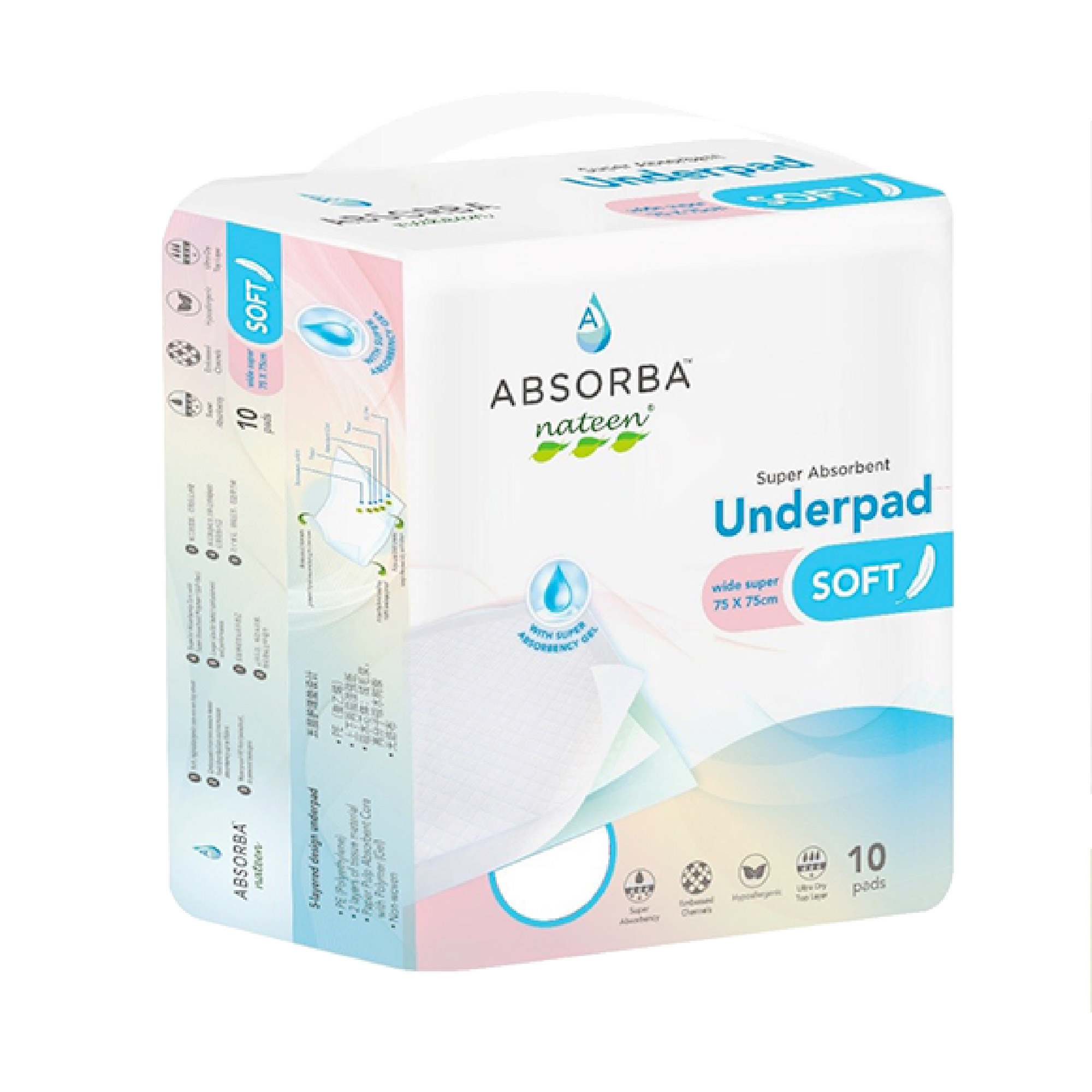 ABSORBA Nateen Soft Underpad (75cm x 75cm) 10’s, Ultimate Protection, 一次性护理垫成人