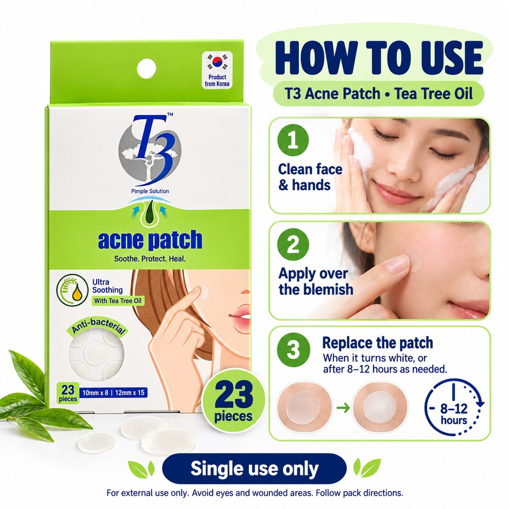 T3 Acne Patch Tea Tree Oil 23's for Pimple Patch, Patch Jerawat, Waterproof Pimple Patch