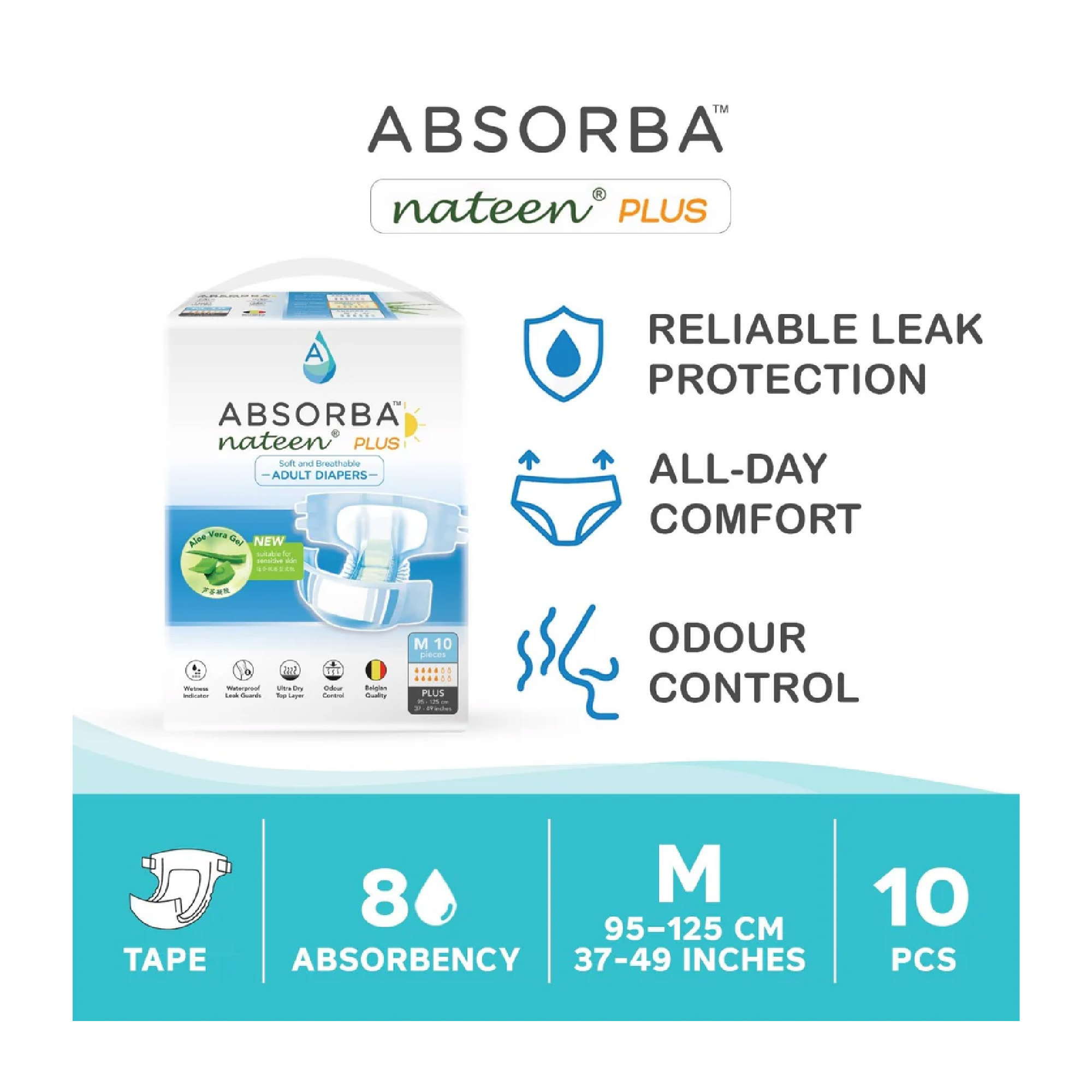 ABSORBA Nateen Plus Adult Diaper 10's - M size, Lampin Dewasa, 防漏成人纸尿裤