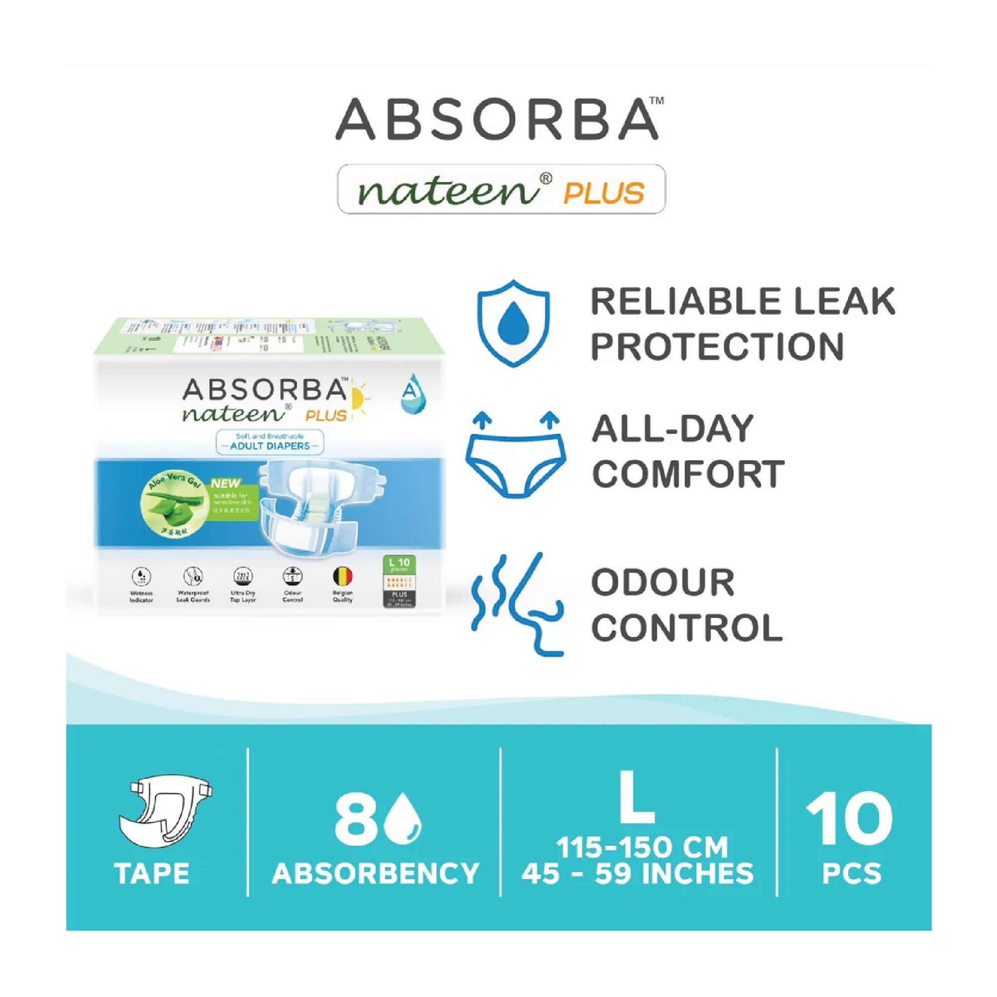 ABSORBA Nateen Plus Adult Diaper 10's - L Size, Lampin Dewasa, 防漏成人纸尿裤