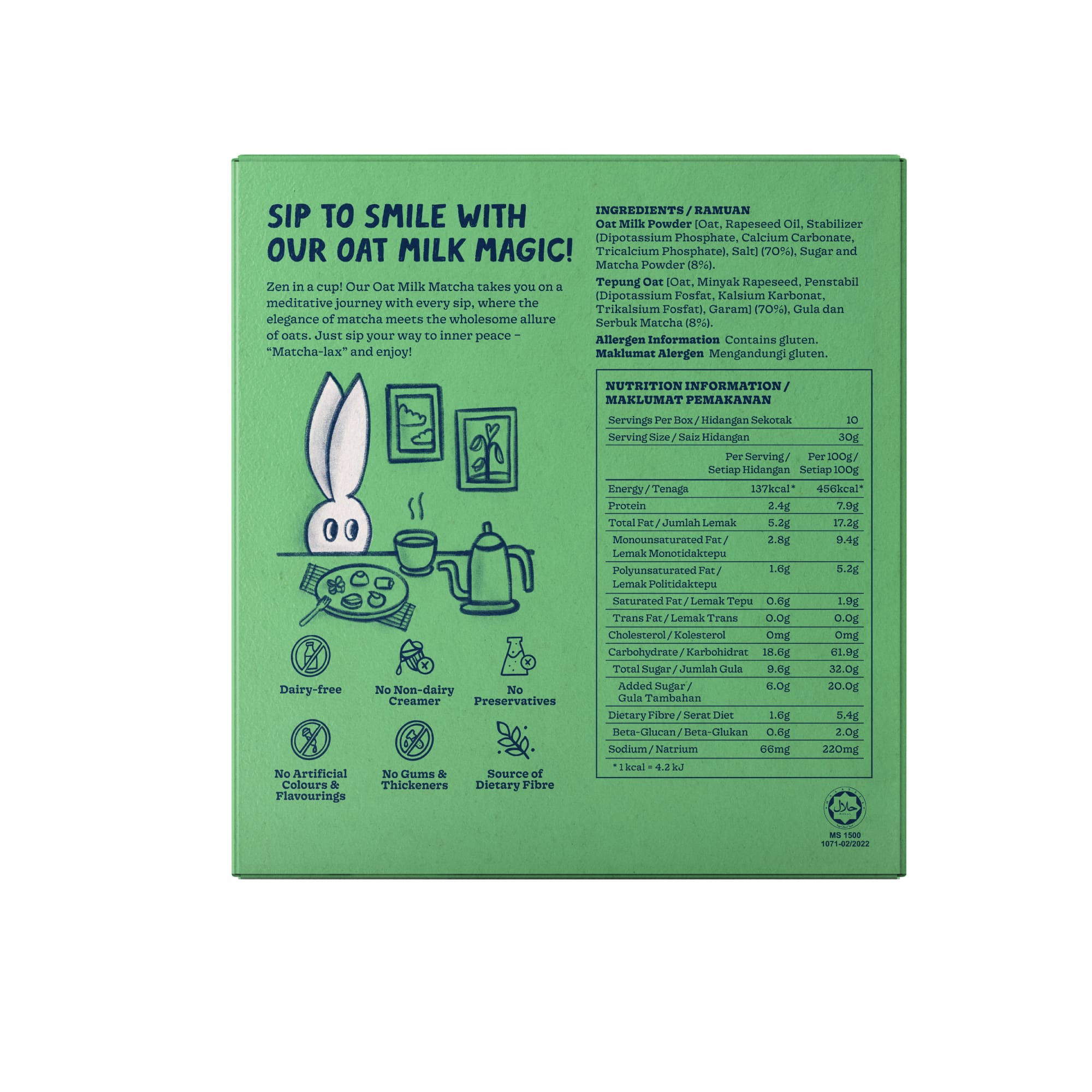 (CLR)OATBEDIENT CAFE OAT MILK MATCHA 30G X 10'S (EXP: 01/2027)
