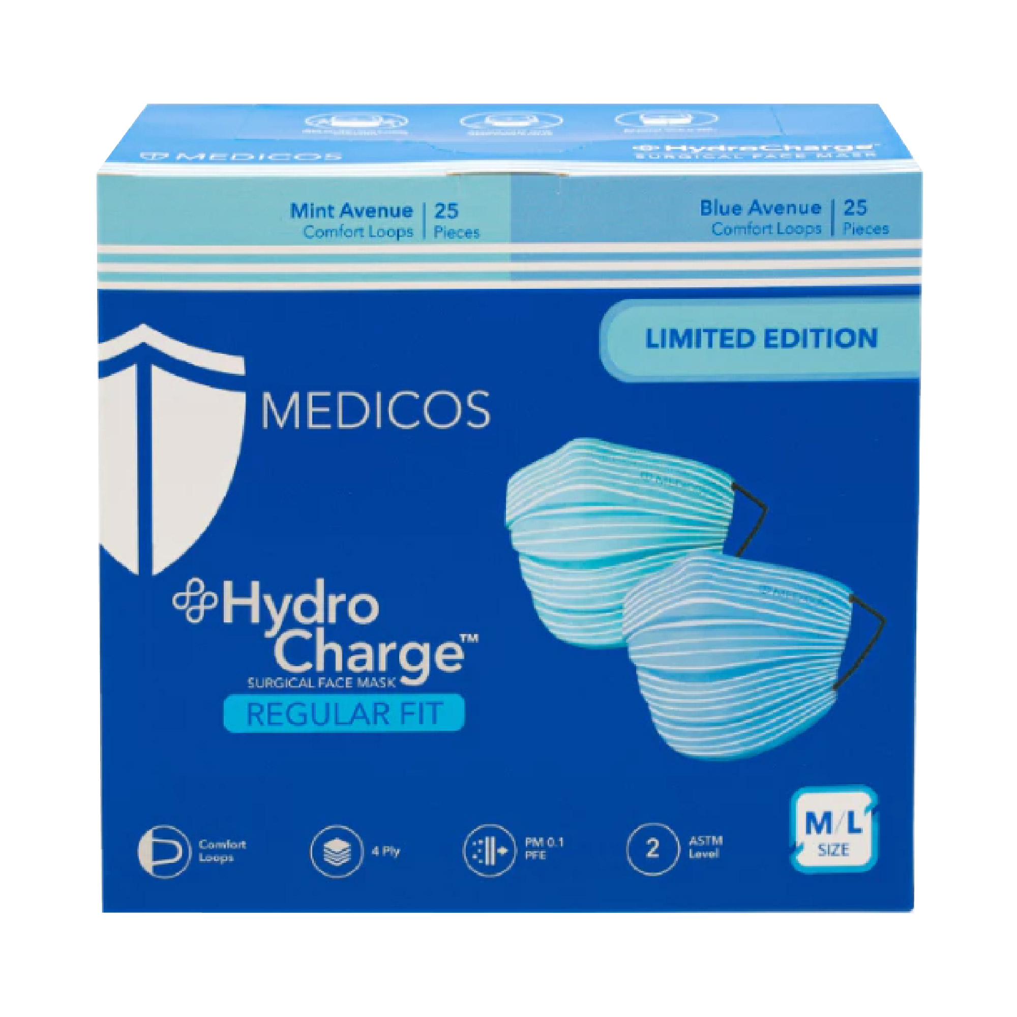 MEDICOS 4Ply Hydrocharge 4Ply Face Mask 50’s Regular Fit M/L Size- Mask , 4 Ply Mask , Face Mask