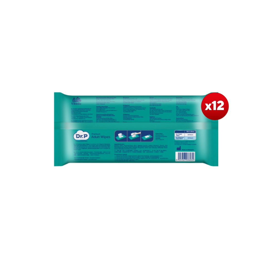 DR.P Premium Adult Wipes (12X40's) with Wet Tissue Adult, Tissue Basah Dewasa