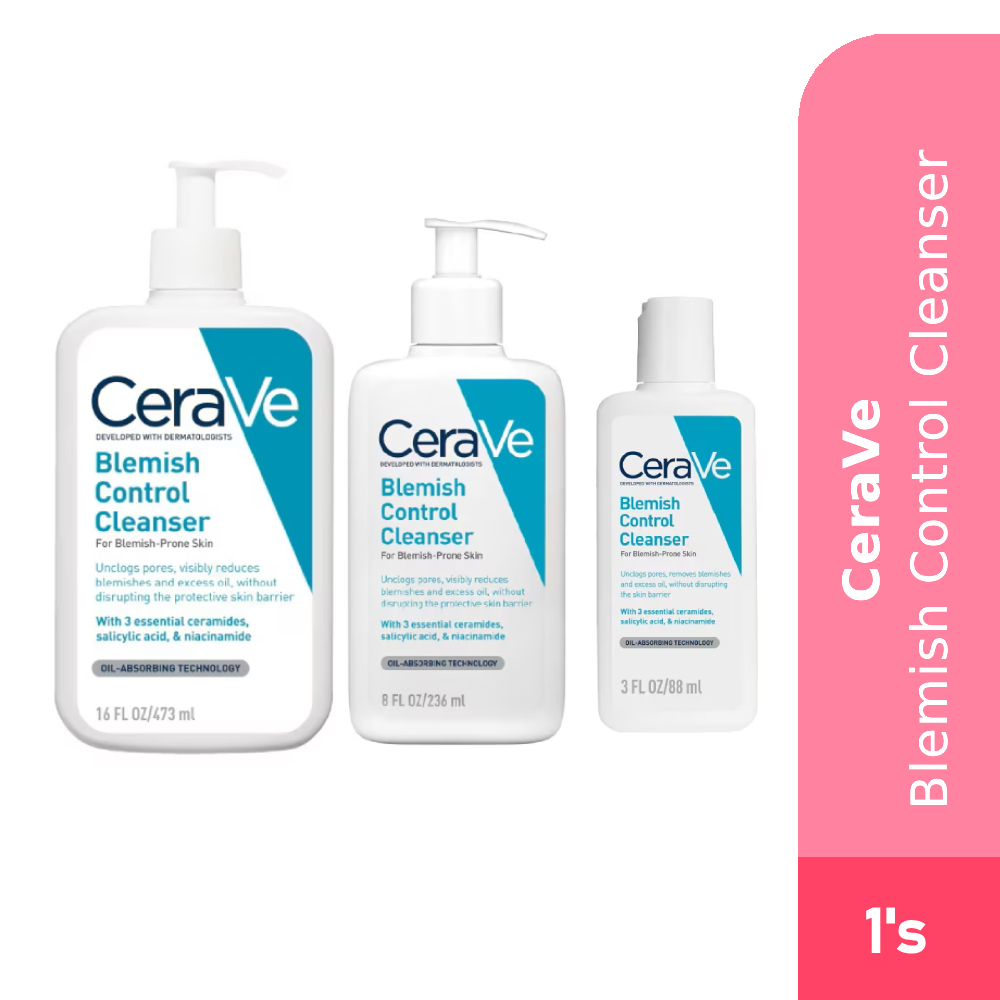 CERAVE Acne Blemish Control Cleanser (473ml | 236ml | 88ml) for Acne Cleanser, Blackhead Remover, Pencuci Muka Jerawat