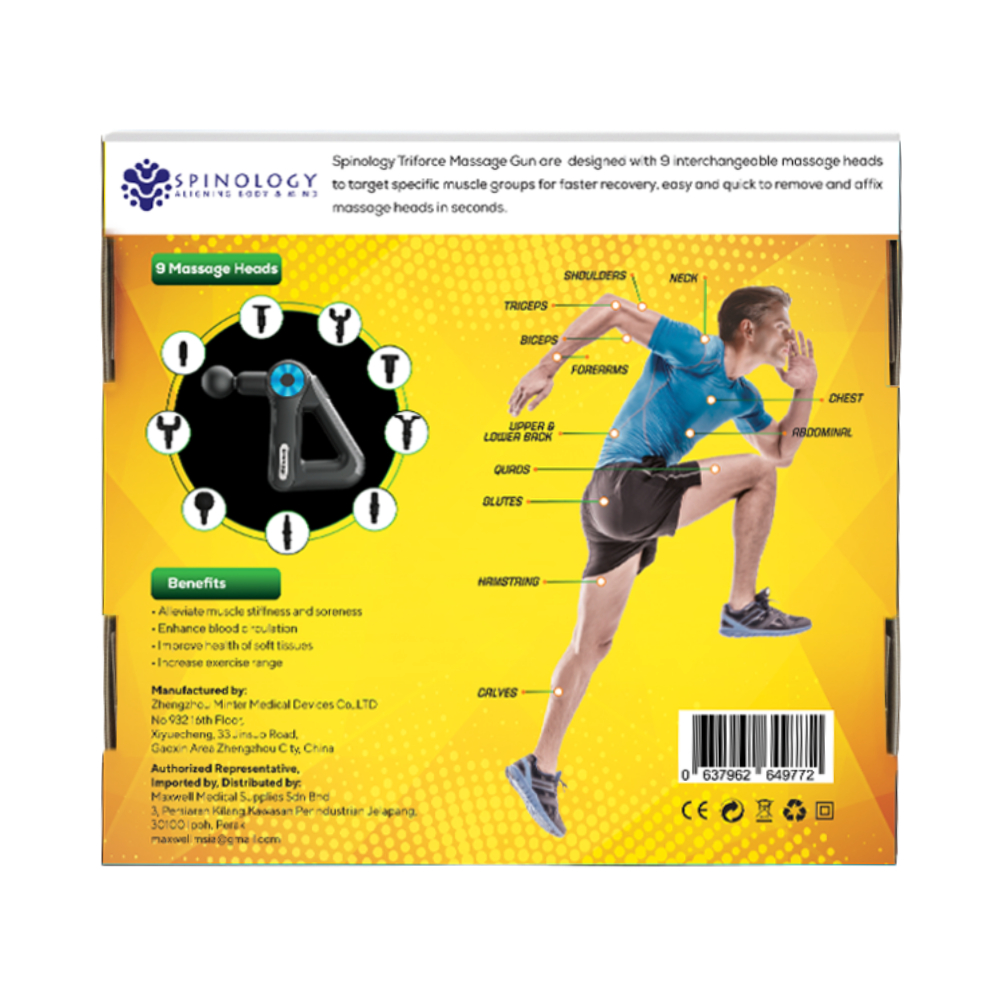 SPINOLOGY Triforce Massage Gun (SL-8891) with 9 Interchangeable Massage Heads, Mesin Urut