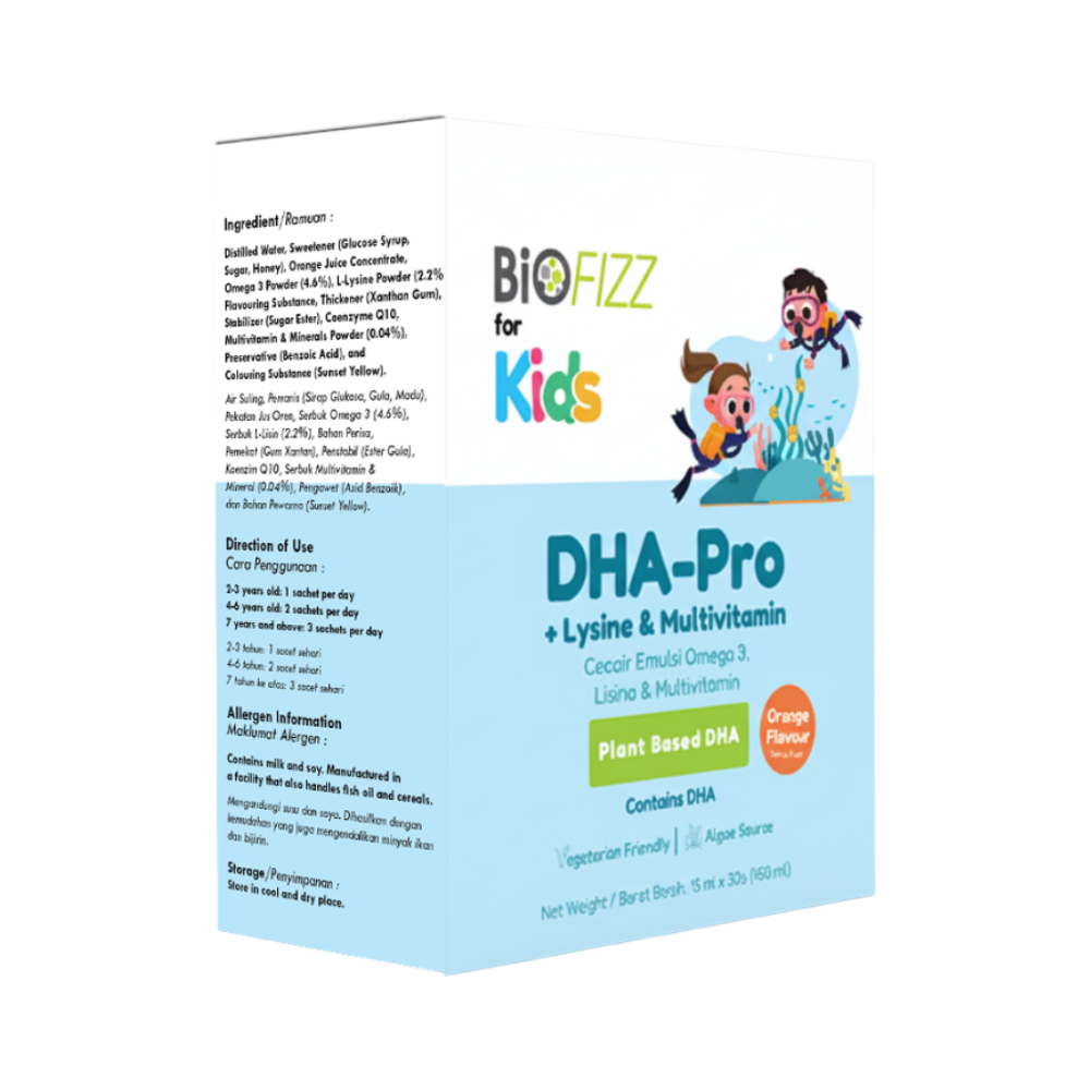 BIOFIZZ Dha-Pro Lysine & Multivitamin Emulsion 15ml X 30's for Kid's Supplement with DHA, Coq-10 and Kids Multivitamin