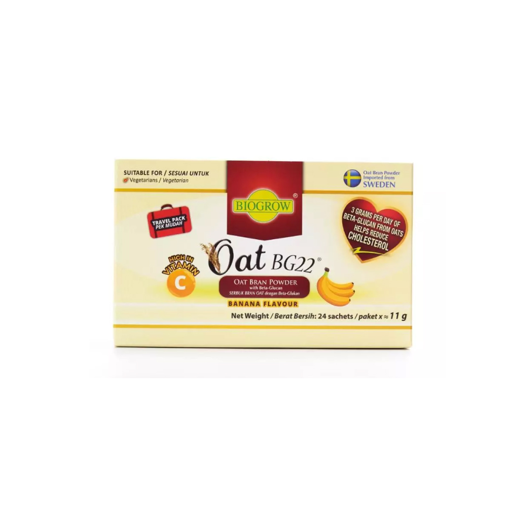 BIOGROW Oat Bg22 Sachet Banana Flavour 11g X 24's Oat Bran Powder with Beta Glucan Oat for Reduce Cholestrol