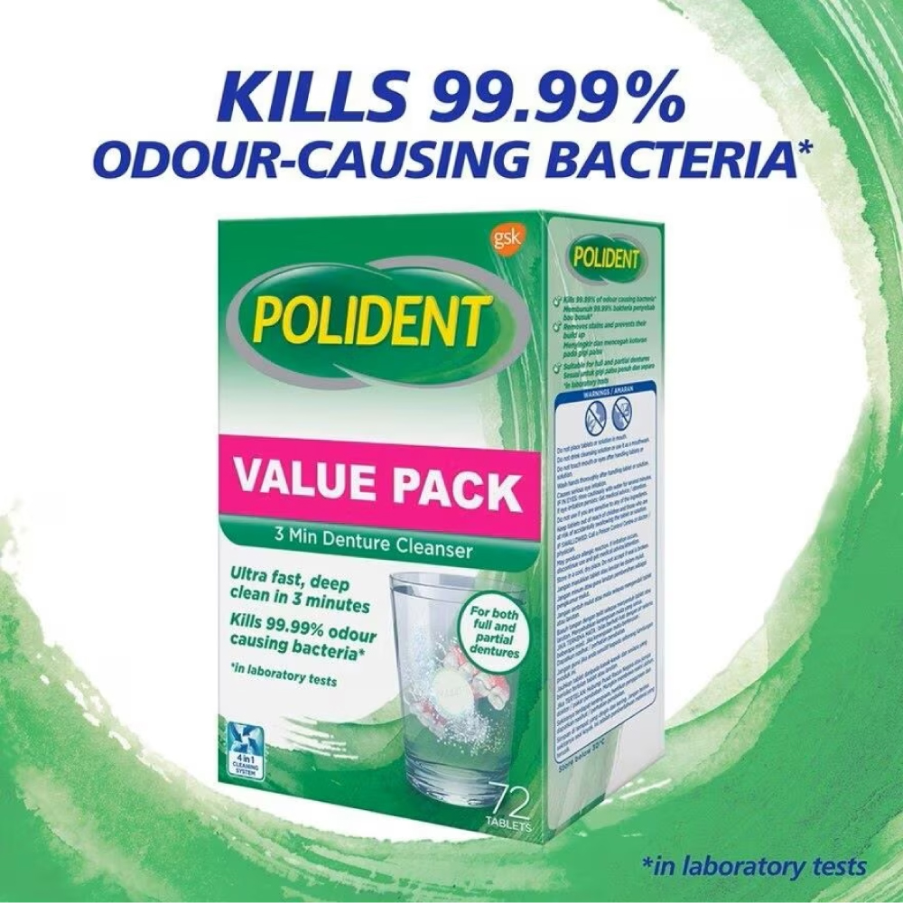 POLIDENT Denture and Retainer 3 minutes Daily Cleanser Trial Pack 72's, Pencuci Gigi Palsu