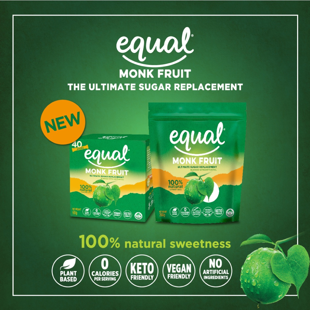 EQUAL Monk Fruit 60g X 40's for Sugar Replacement, Pemanis Natural, Organic Sweetener