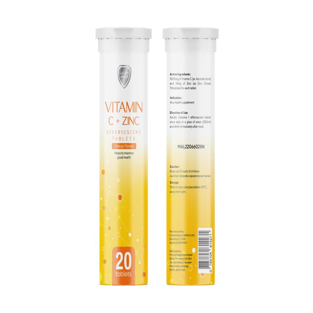 LA LIFE ARMOR Vitamin C + Zinc Effervescent 20's - Orange Flavor for Soluble Vitamin C, Ascorbic Acid Vitamin C