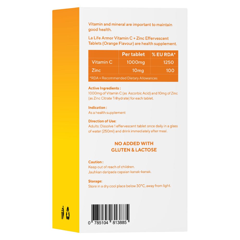 LA LIFE ARMOR Vitamin C + Zinc Effervescent 20's - Orange Flavor for Soluble Vitamin C, Ascorbic Acid Vitamin C