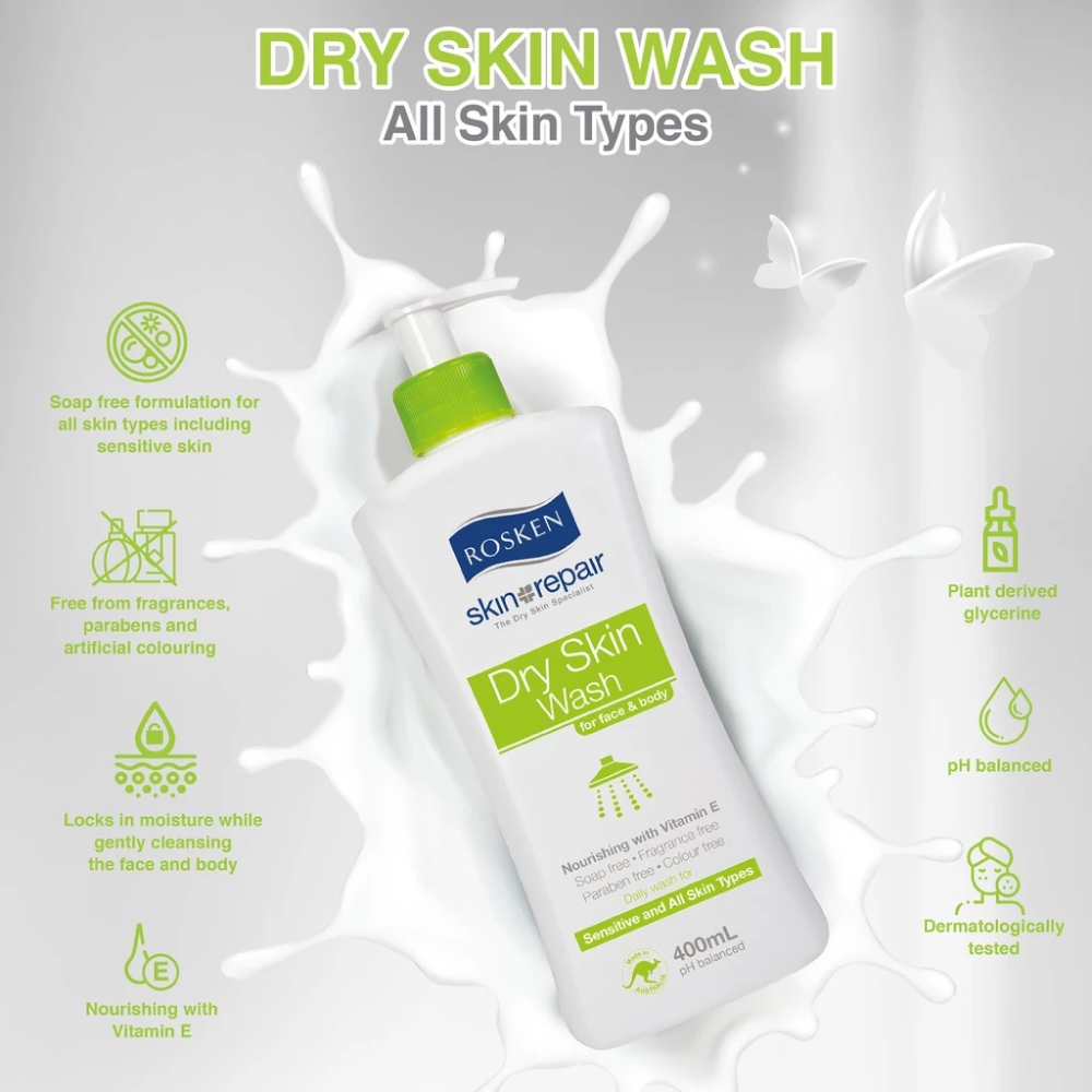 ROSKEN Dry Skin Wash 1L for Face and Body Wash with Vitamin E, Sabun Kulit Sensitif