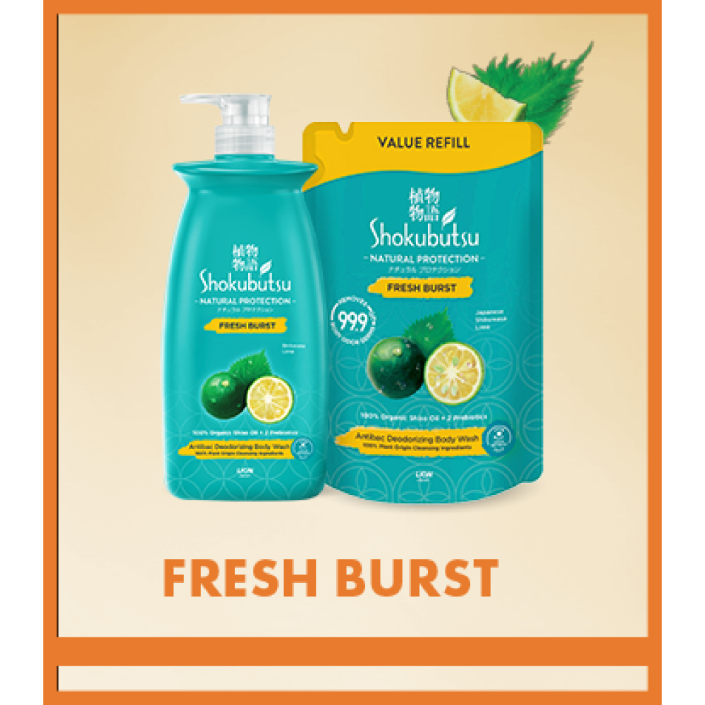 SHOKUBUTSU Natural Protection Body Wash 800g Refill - Fresh Burst with Japanese Lime, Sabun Mandi