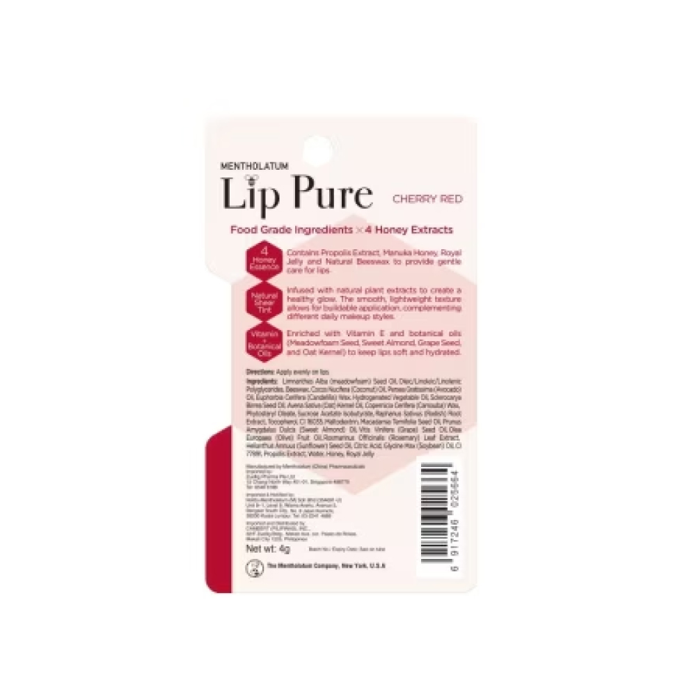 MENTHOLATUM Lip Pure Tinted (Cherry Red / Strawberry Pink) 4g for Lip Moisturizer, Lip Balm