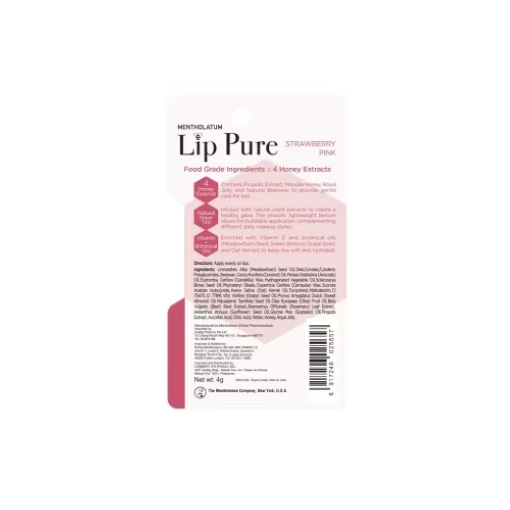 MENTHOLATUM Lip Pure Tinted (Cherry Red / Strawberry Pink) 4g for Lip Moisturizer, Lip Balm