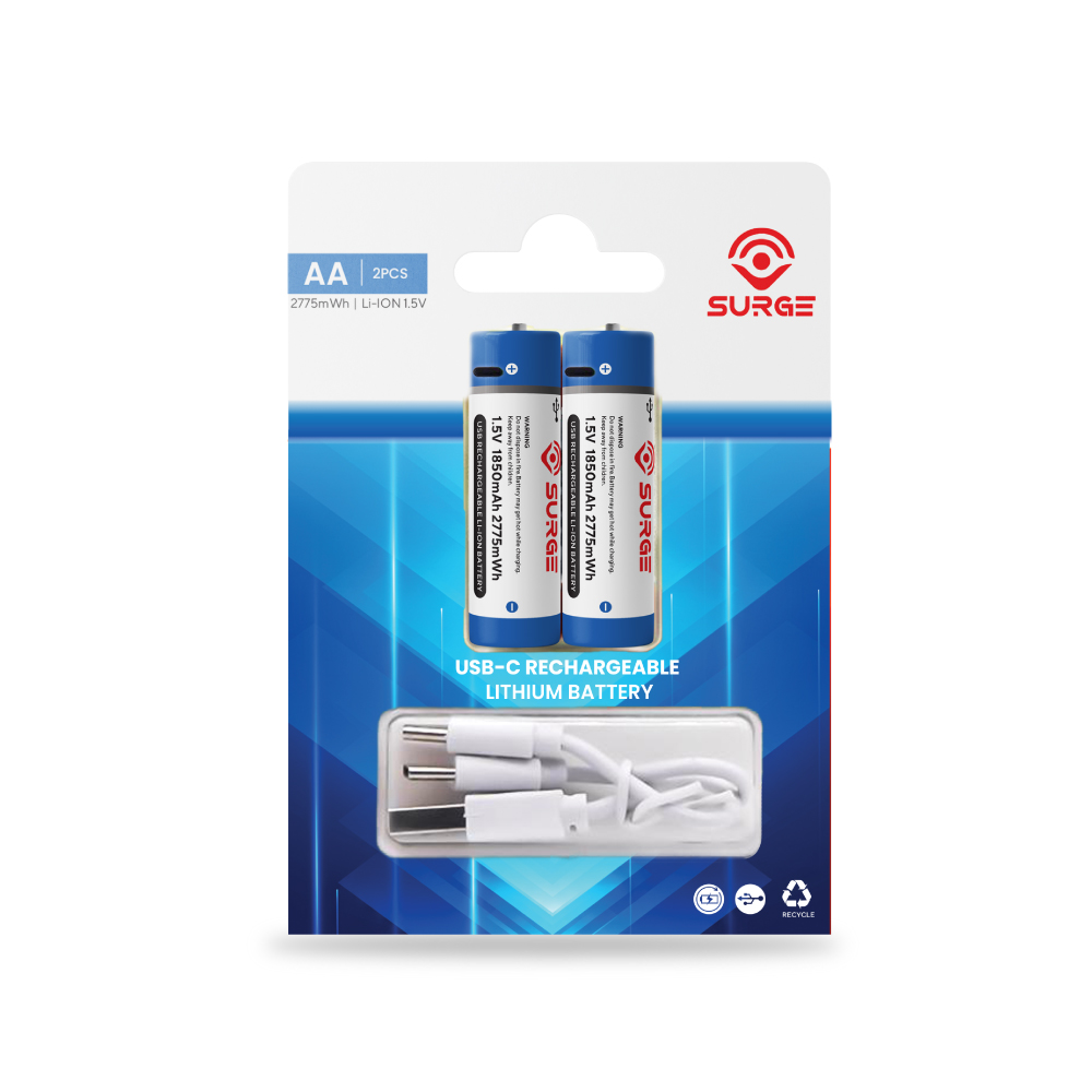 SURGE Rechargeable Lithium Battery Type C (AA/AAA) 2's - Bateri Boleh Cas, Rechargeable Battery