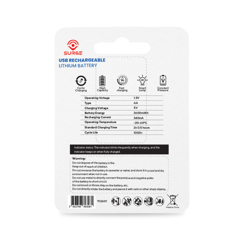 SURGE Rechargeable Lithium Battery Type C (AA/AAA) 2's - Bateri Boleh Cas, Rechargeable Battery