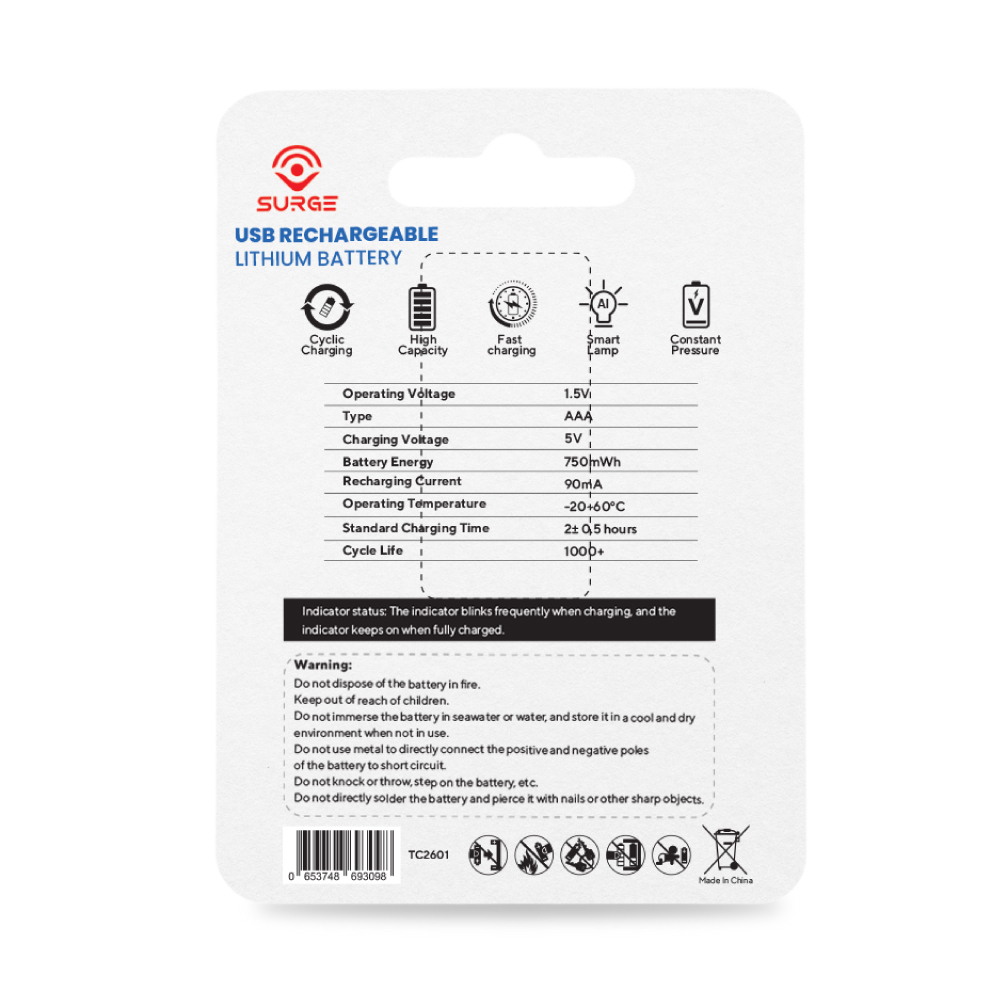 SURGE Rechargeable Lithium Battery Type C (AA/AAA) 2's - Bateri Boleh Cas, Rechargeable Battery