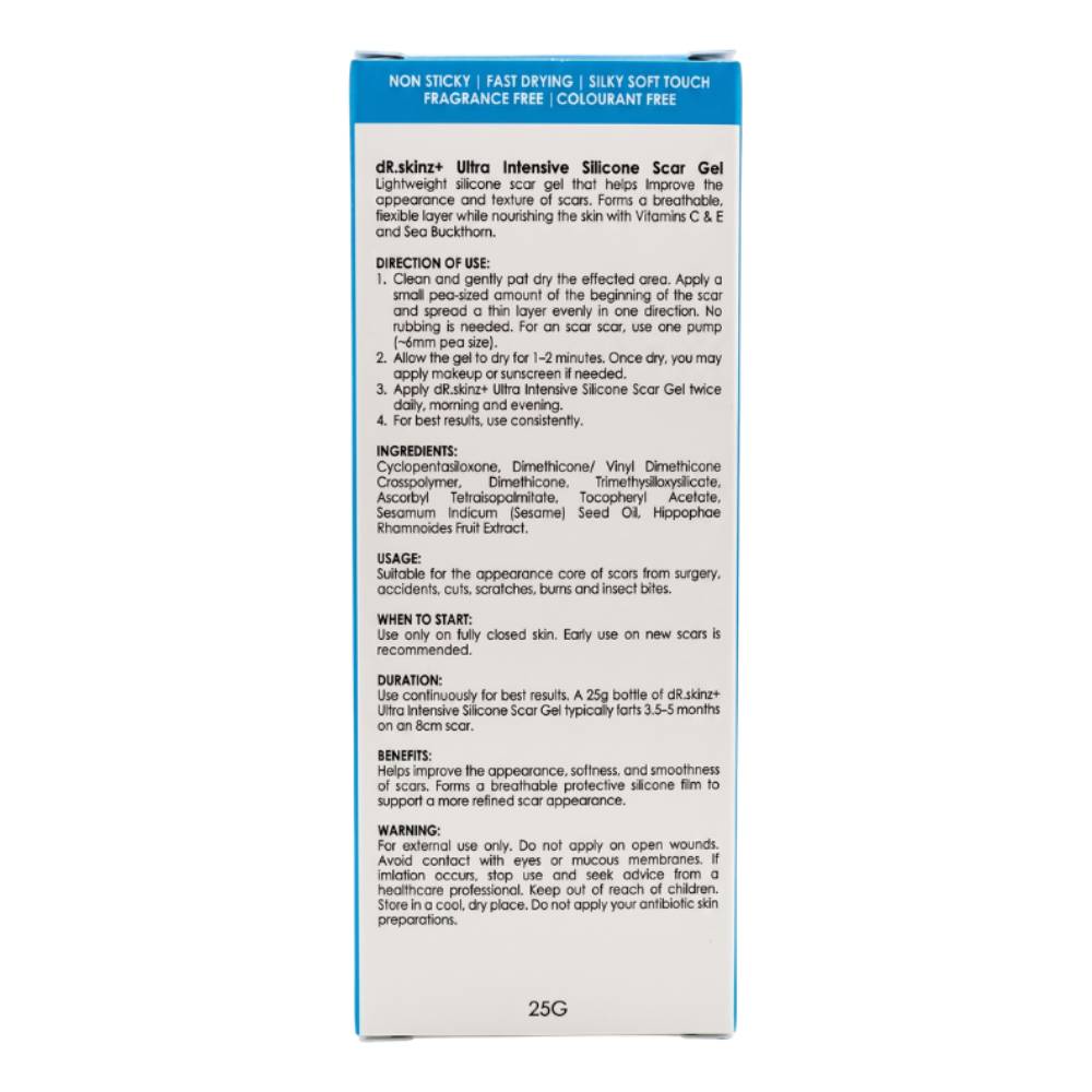 DR. SKINZ+ Ultra Intensive Silicone Scar Gel 25ml for Scar, Ubat Parut, Krim Parut, Gel Parut