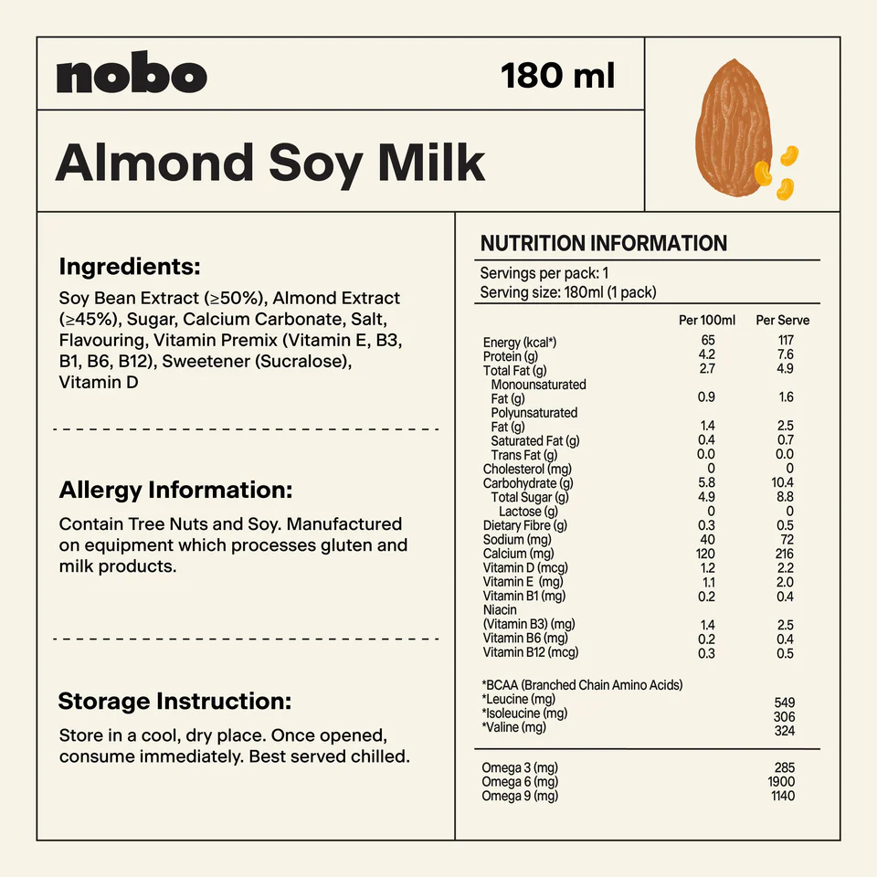 NOBO Soy Milk 180ml Almond (1's/3's) for Susu Soya, Soya Milk, Soya Bean