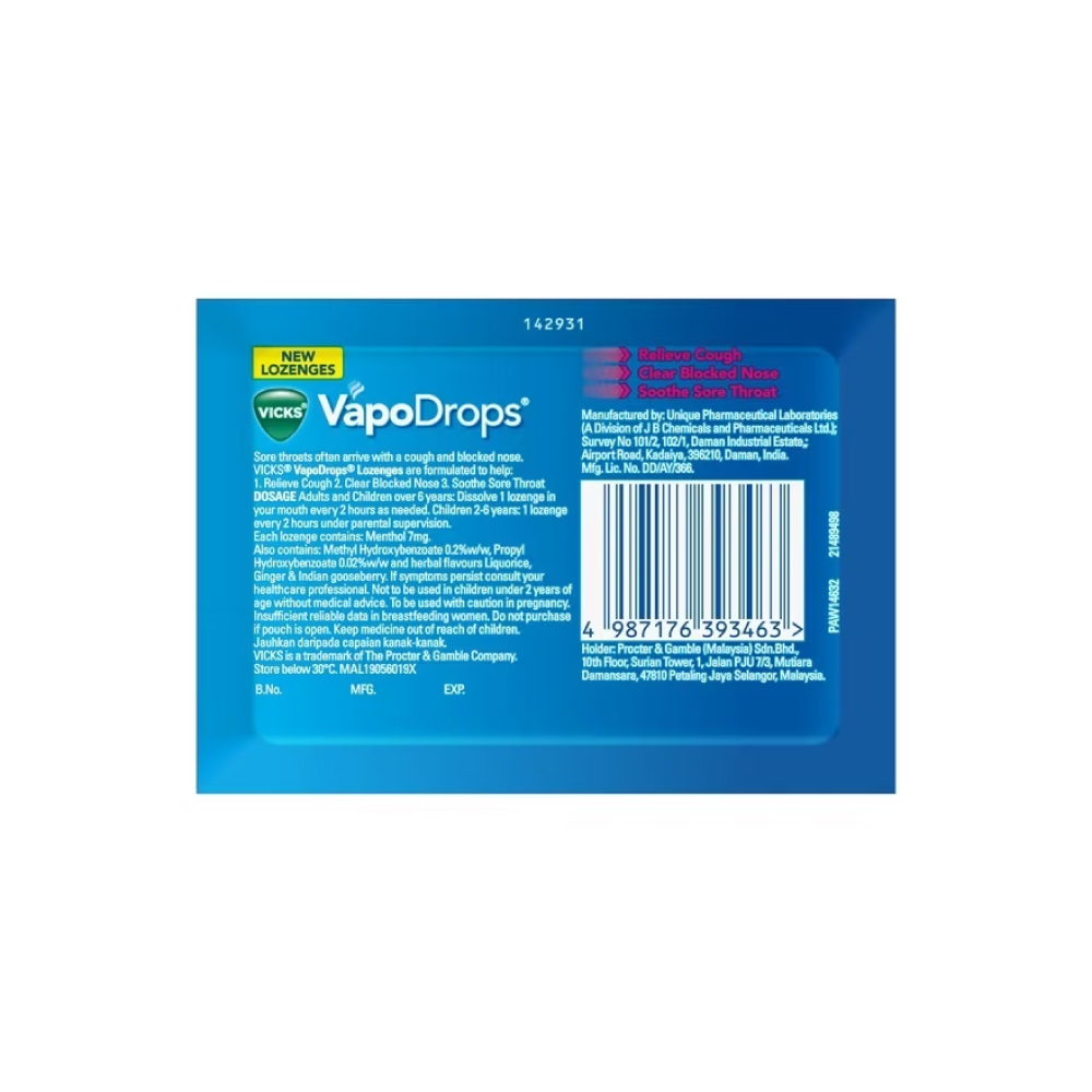 VICKS Vapodrops + Cough Berry Menthol 6's for Cough Relief, Blocked Nose, Sore Throat Relief