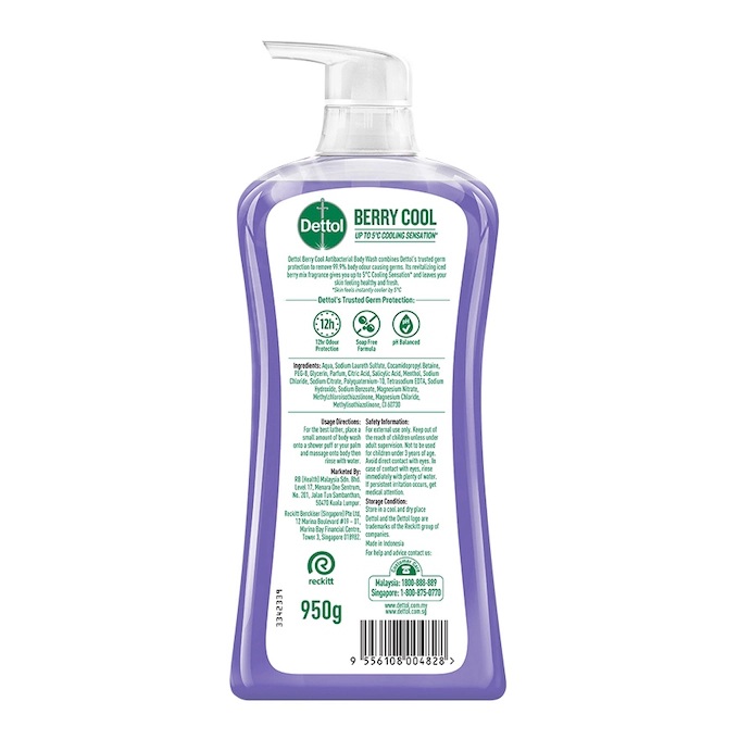 DETTOL Body Wash Berry Cool 950g for Antibacterial Body Body Wash, Sabun Mandi Dettol