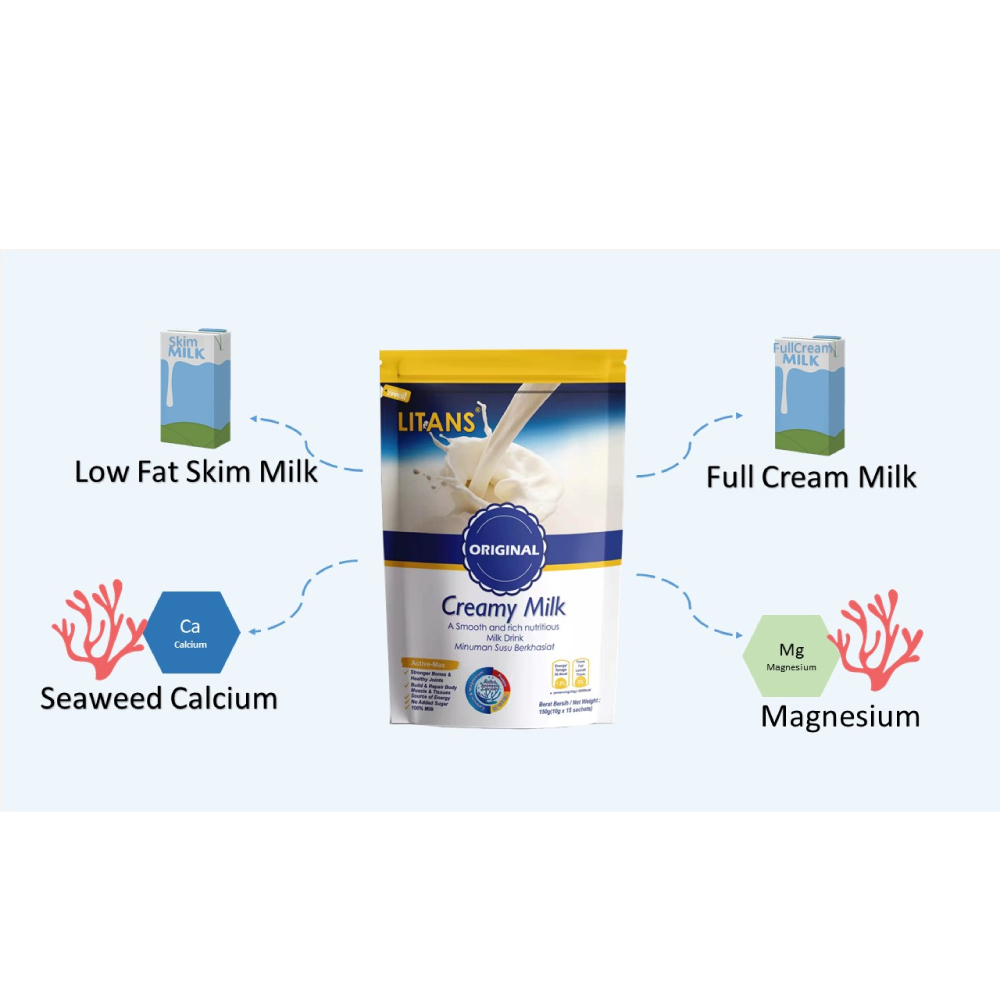 LITANS High Calcium Creamy Milk 10g X 15's for Susu Berkrim Tinggi Kalsium, Seaweed Calcium