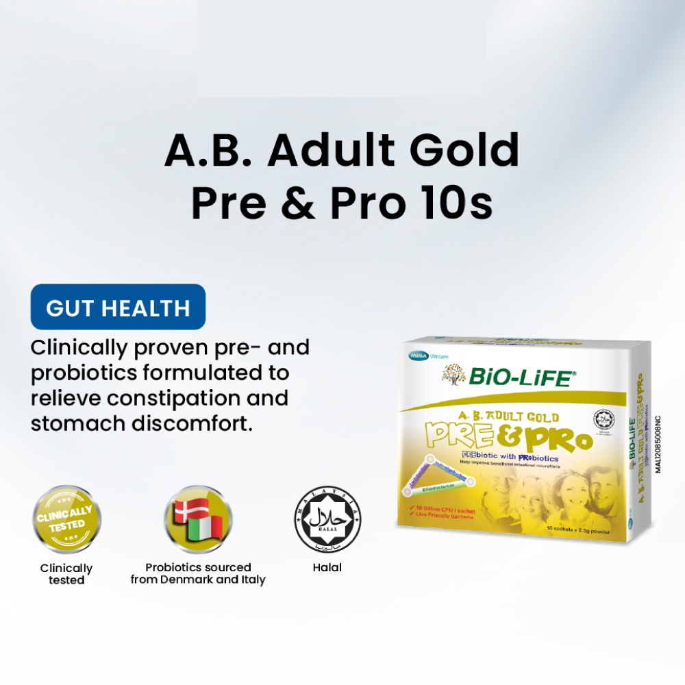 BIO-LIFE AB Adult Gold Pre & Pro 10's for Probiotics Supplement, Constipation Relief