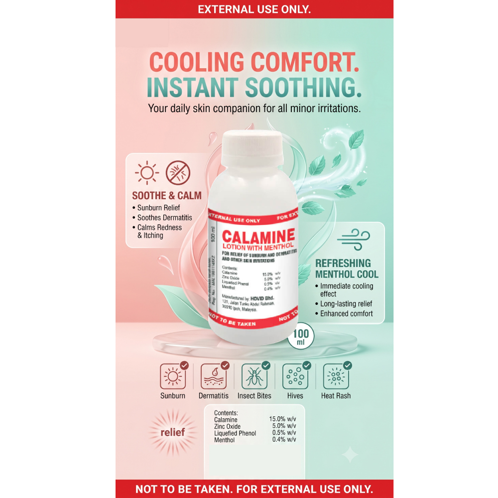 HOVID Calamine Lotion with Menthol 100ml for Sunburn Relief, Dermatitis Relief, Lotion Gatal