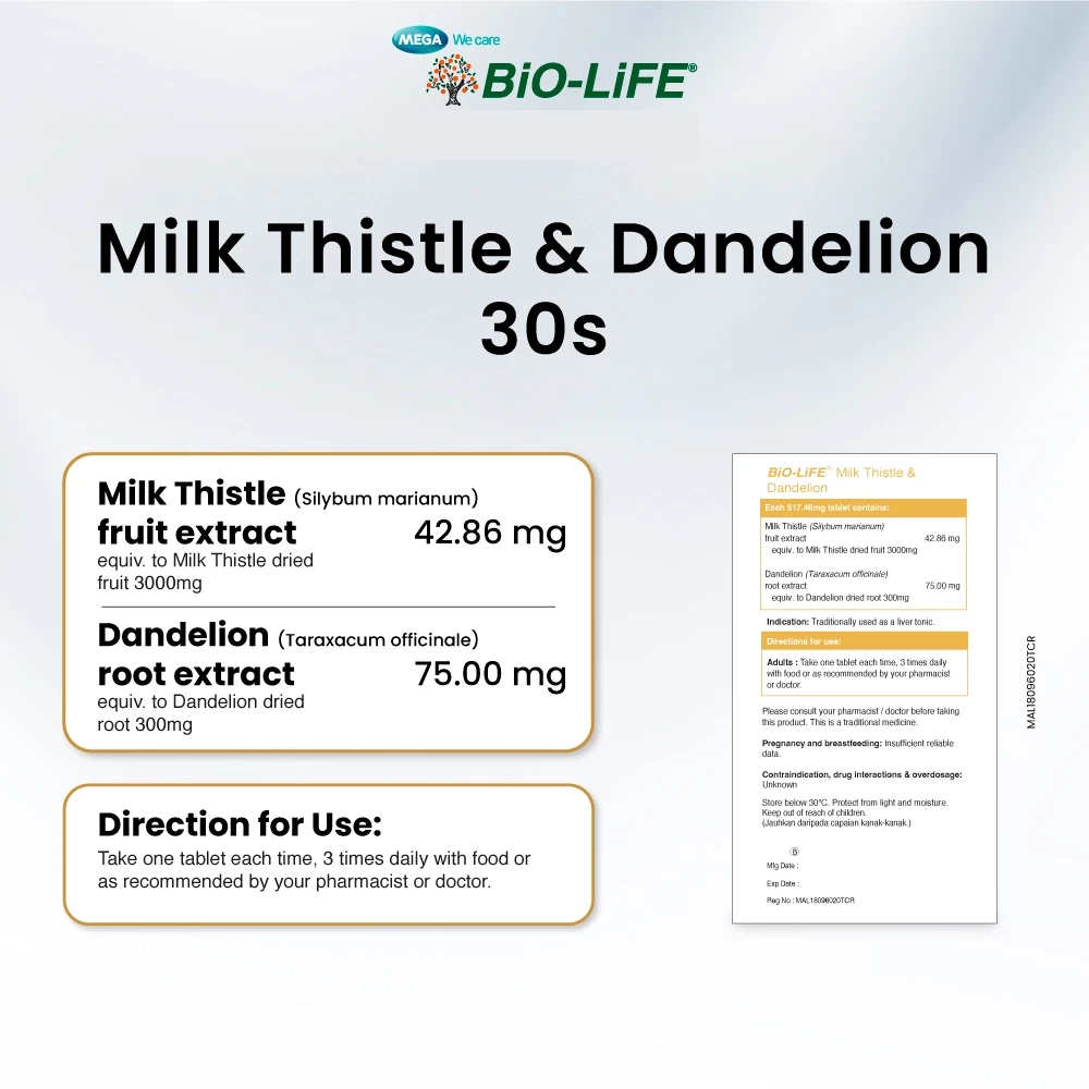 BIO-LIFE Milk Thistle & Dandelion 30's for Liver Health, Fatty Liver Supplement
