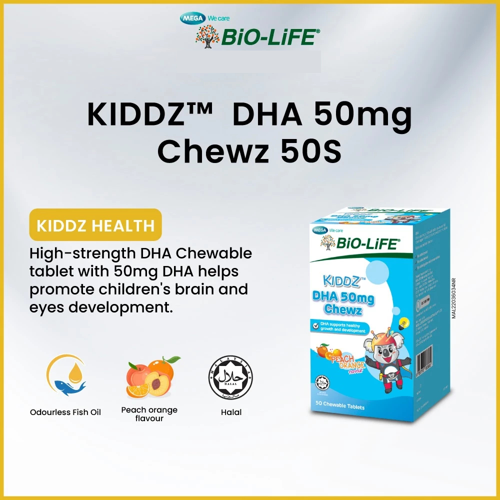 BIO-LIFE Kiddz Dha 50mg Chews Peach Orange Flavour 50's for Kids Supplement, Kids Fish Oil