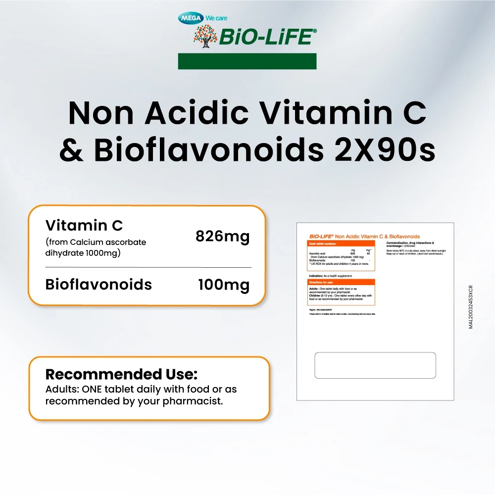 BIO-LIFE Non Acidic Vitamin C 90's for Vitamin C 1000mg Supplement