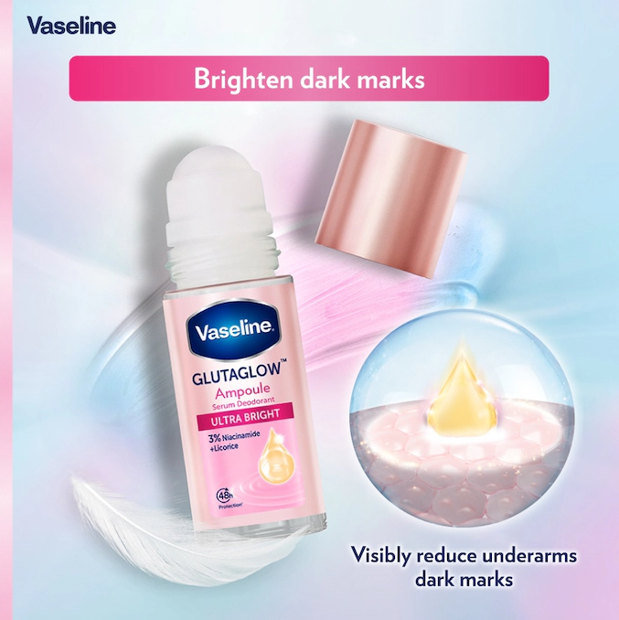 VASELINE GLUTAGLOW DEODORANT 45ML (GLASS) - (PINK) ULTRA BRIGHT