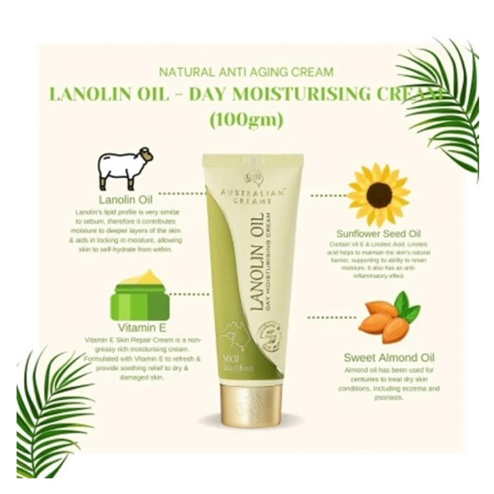 AUSTRALIAN Lanolin Oil Day Moisturising Cream 100g for Anti Aging Cream, Krim Kulit Kering