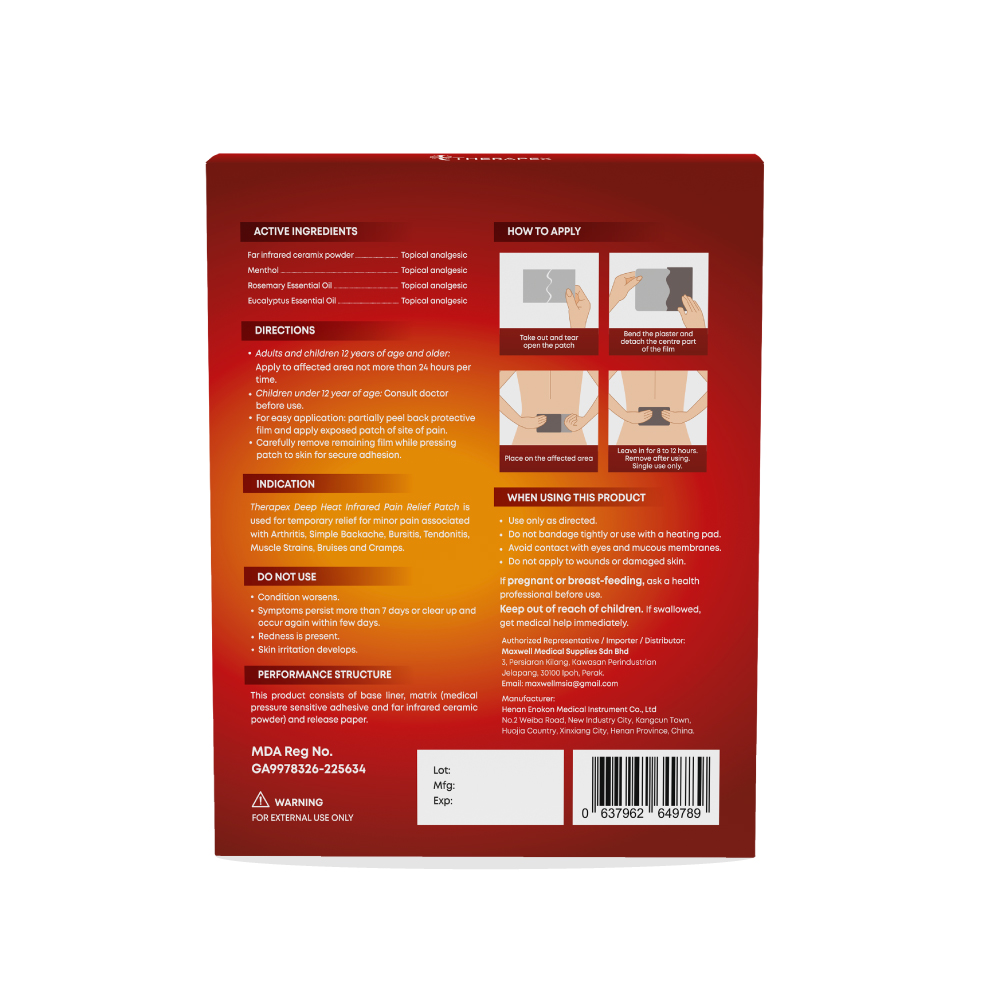 THERAPEX Deep Heat Infrared Pain Relief Patch 6's for Muscle Sore Patch, Patch Sakit Belakang