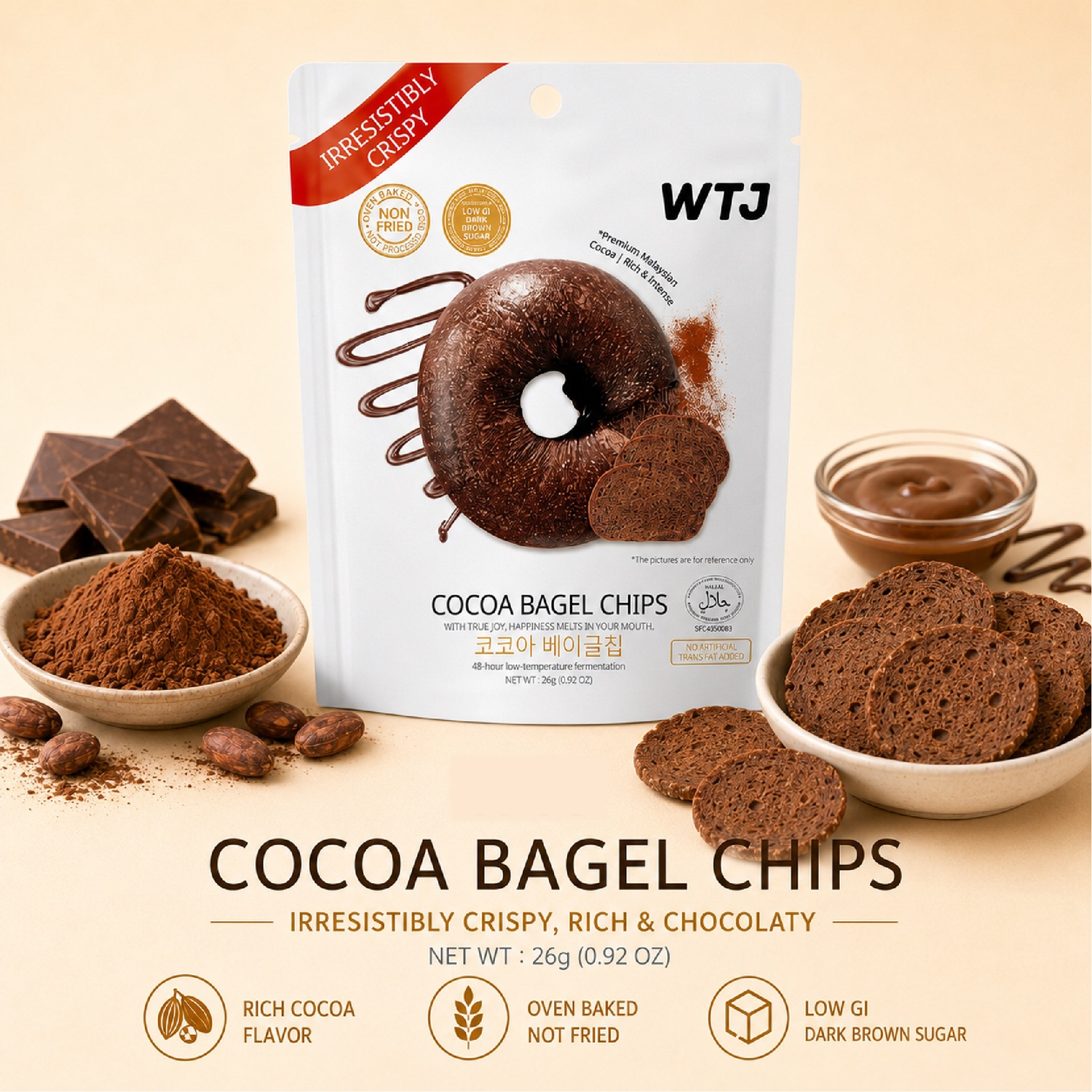WTJ Cocoa Bagel Chips 26g for Chocolate Snacks, Keropok, Bagel Snacks, Crunchy Snacks