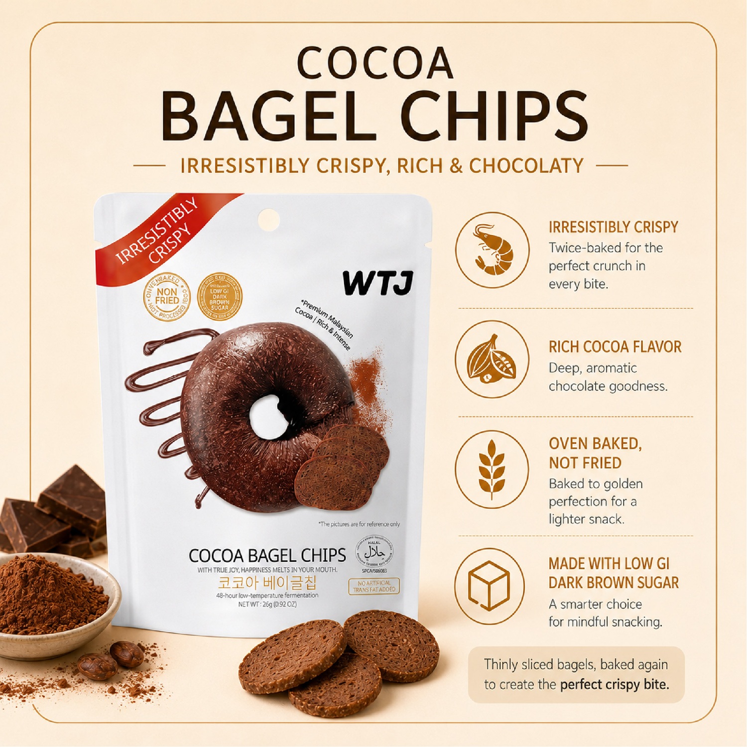 WTJ Cocoa Bagel Chips 26g for Chocolate Snacks, Keropok, Bagel Snacks, Crunchy Snacks
