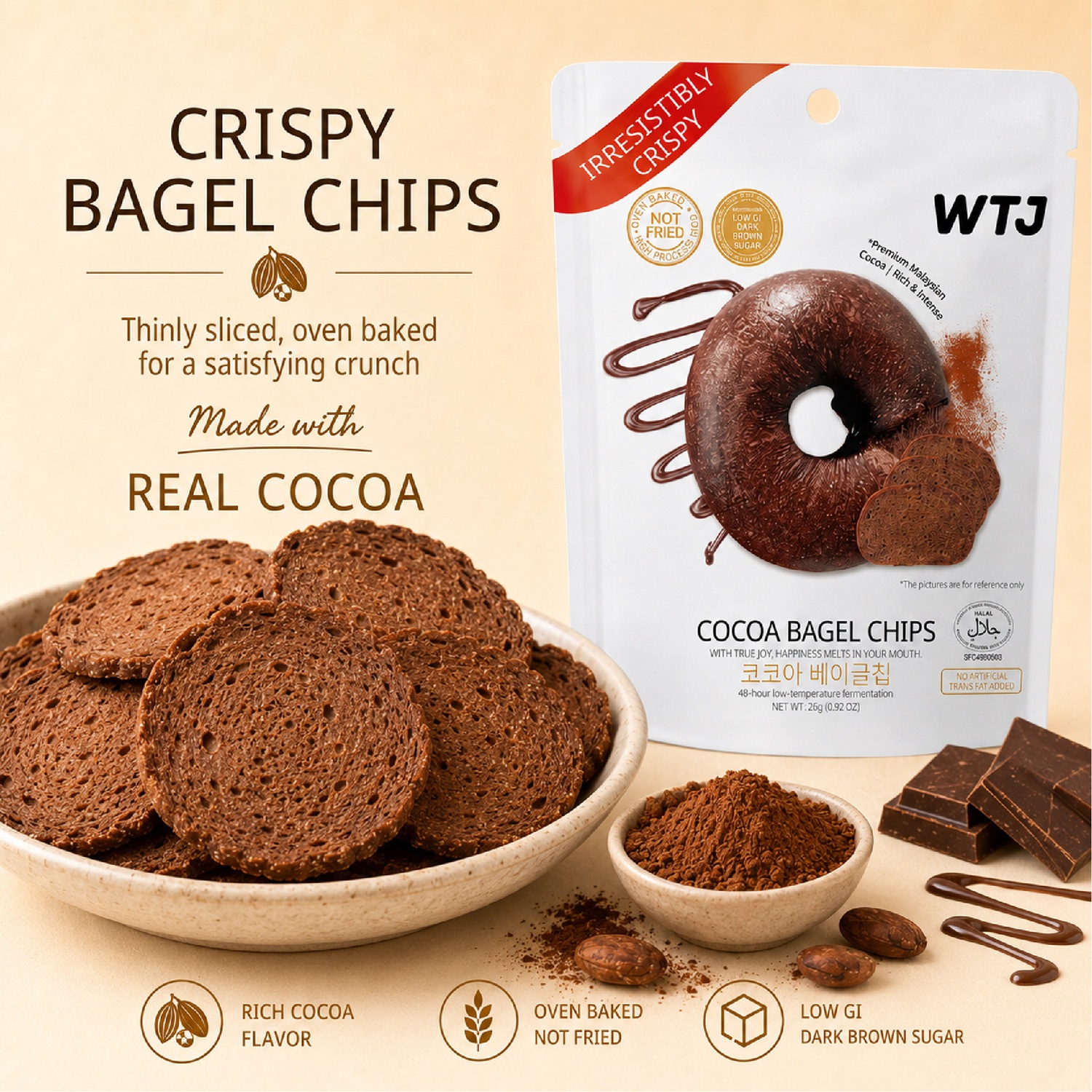 WTJ Cocoa Bagel Chips 26g for Chocolate Snacks, Keropok, Bagel Snacks, Crunchy Snacks