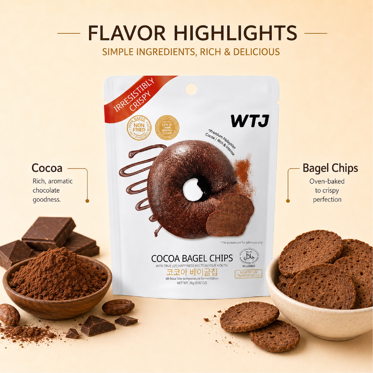 WTJ Cocoa Bagel Chips 26g for Chocolate Snacks, Keropok, Bagel Snacks, Crunchy Snacks