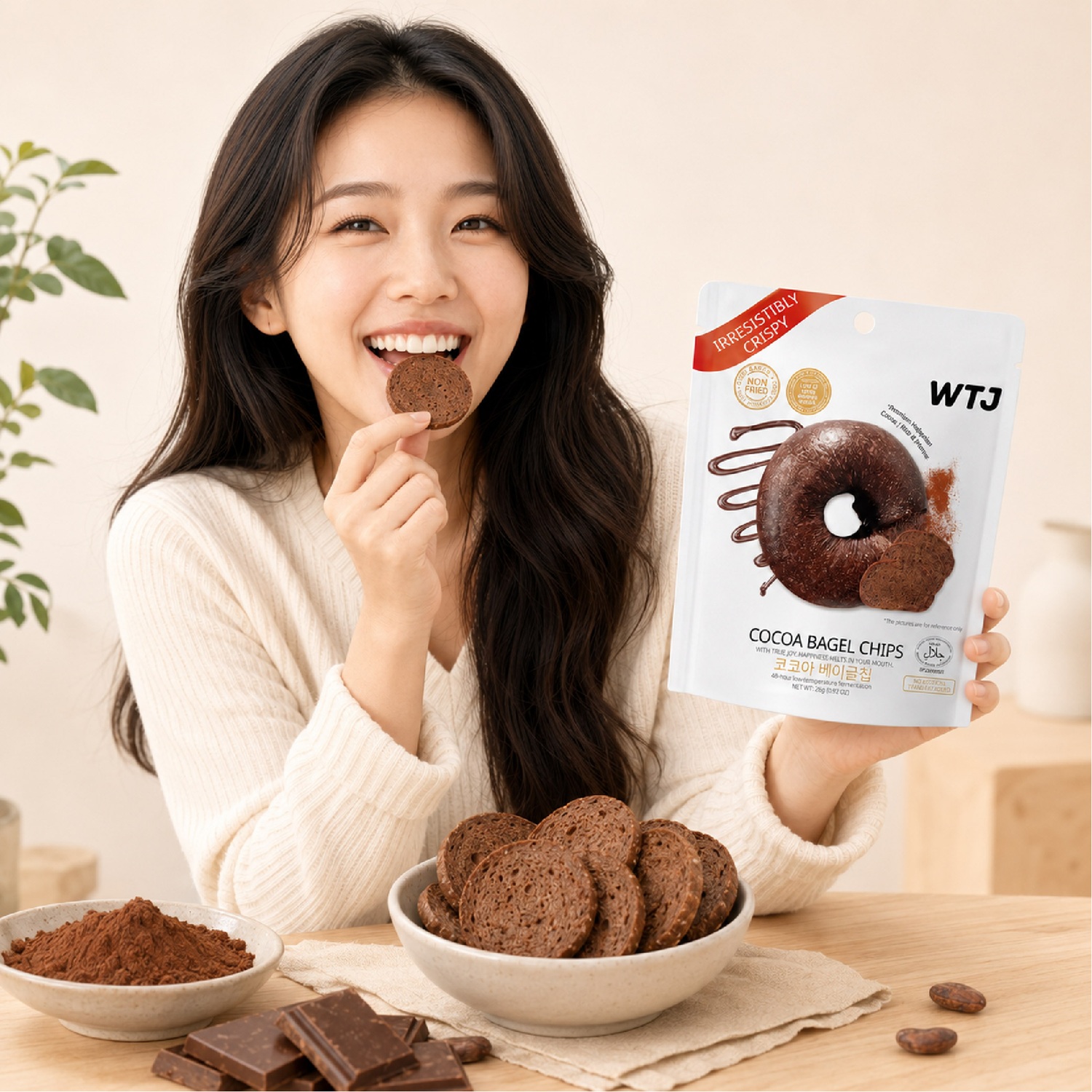 WTJ Cocoa Bagel Chips 26g for Chocolate Snacks, Keropok, Bagel Snacks, Crunchy Snacks