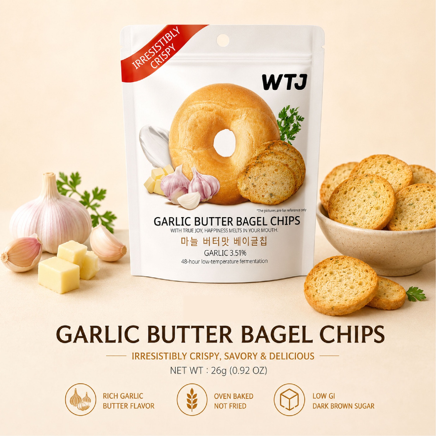 WTJ Garlic Butter Bagel Chips 26g for Snacks, Keropok, Bagel Snacks, Crunchy Snacks