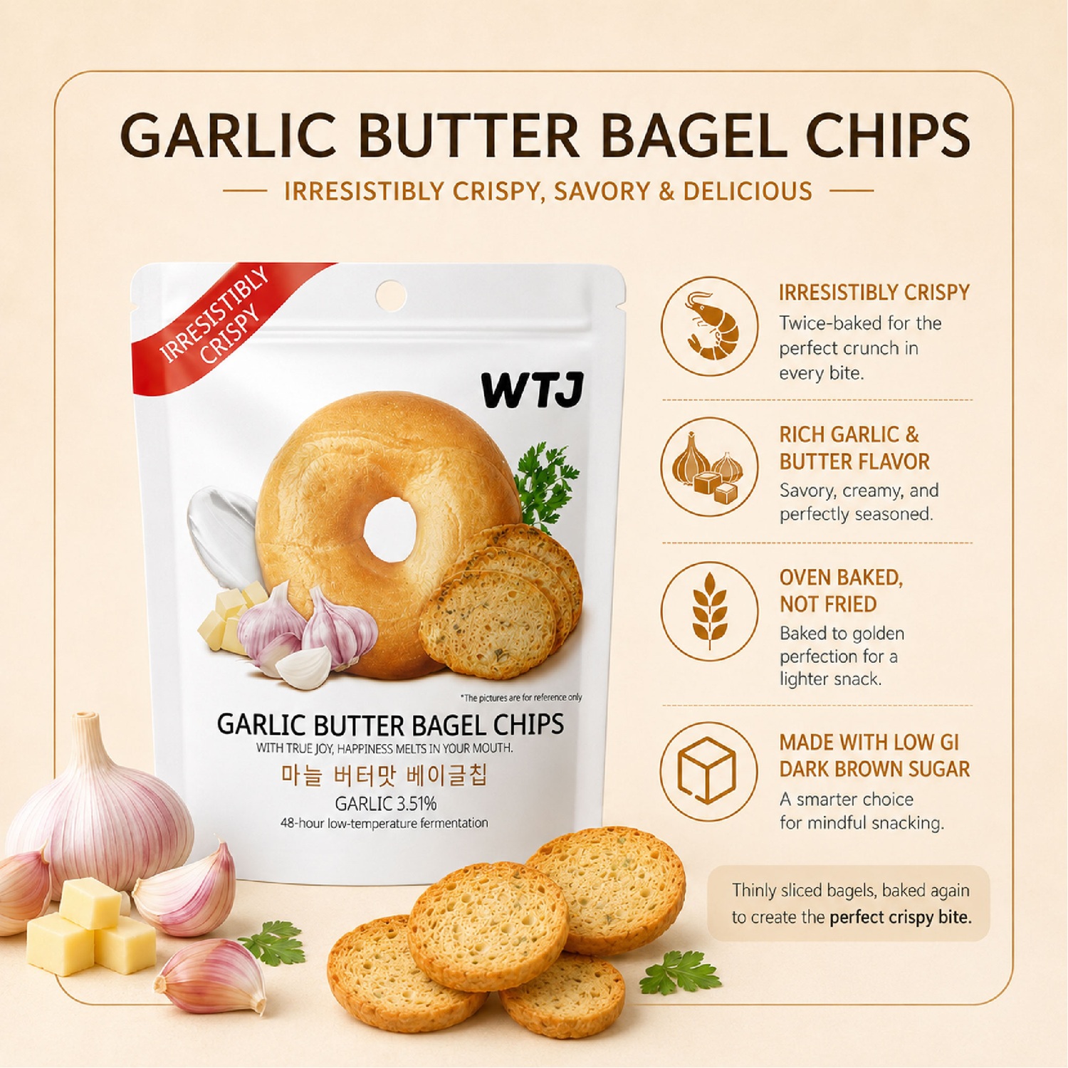 WTJ Garlic Butter Bagel Chips 26g for Snacks, Keropok, Bagel Snacks, Crunchy Snacks