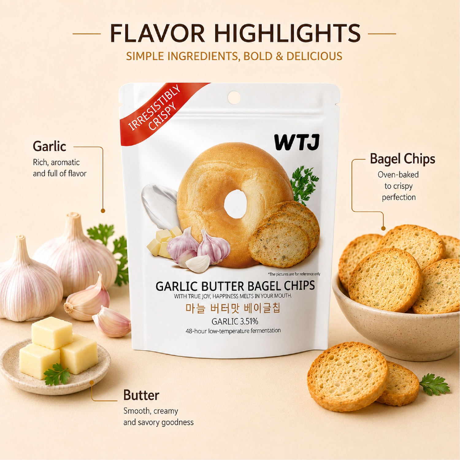 WTJ Garlic Butter Bagel Chips 26g for Snacks, Keropok, Bagel Snacks, Crunchy Snacks