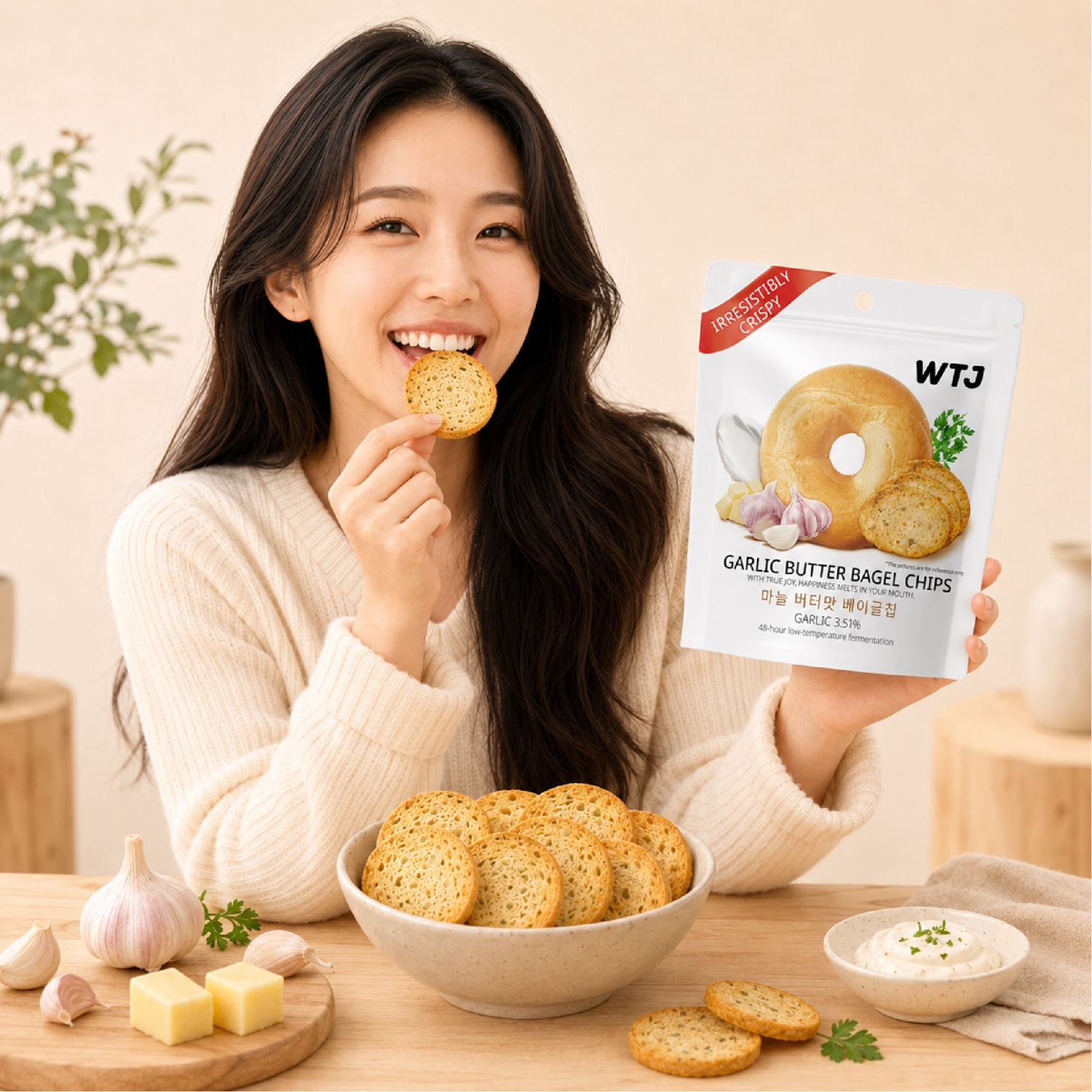 WTJ Garlic Butter Bagel Chips 26g for Snacks, Keropok, Bagel Snacks, Crunchy Snacks