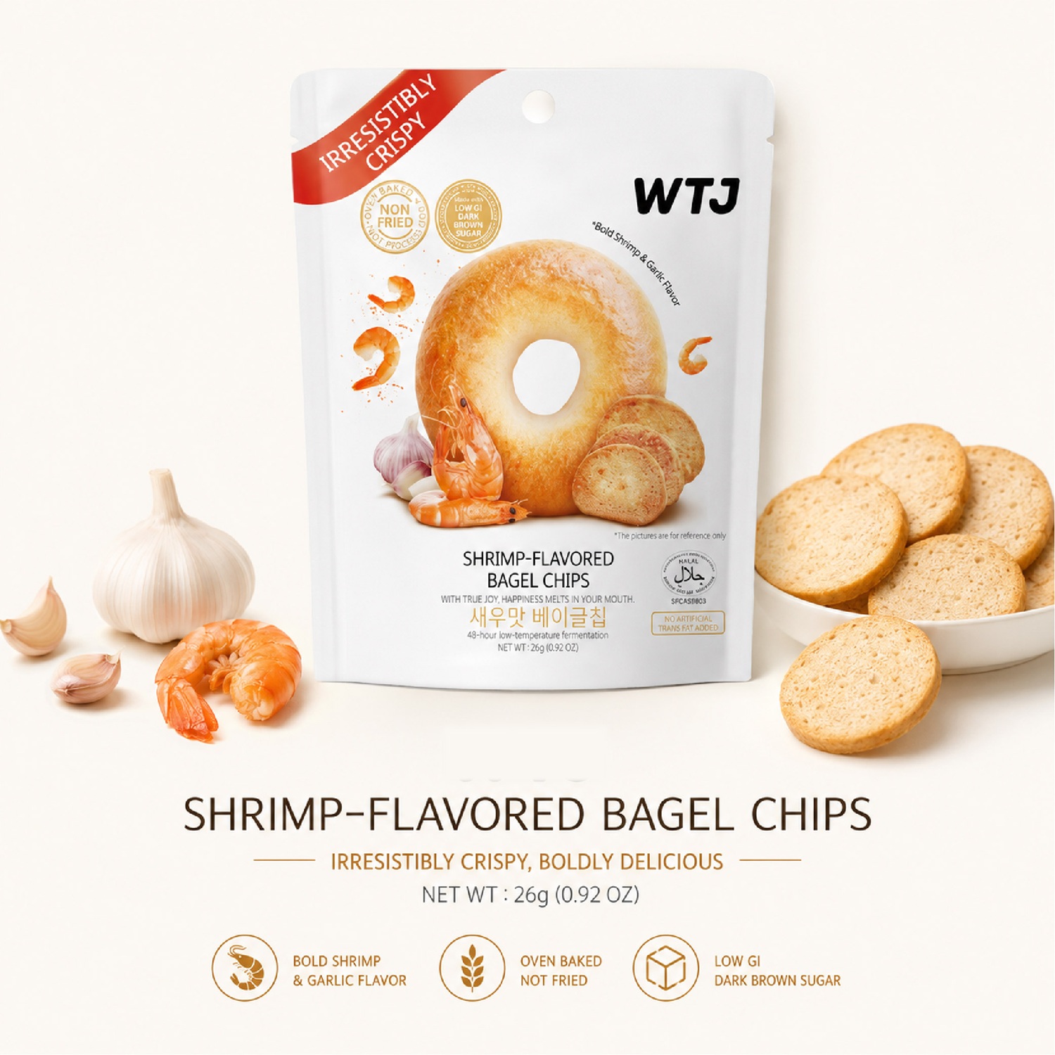 WTJ Shrimp Garlic Flavoured Bagel Chips 26g for Snacks, Keropok, Bagel Snacks, Crunchy Snacks