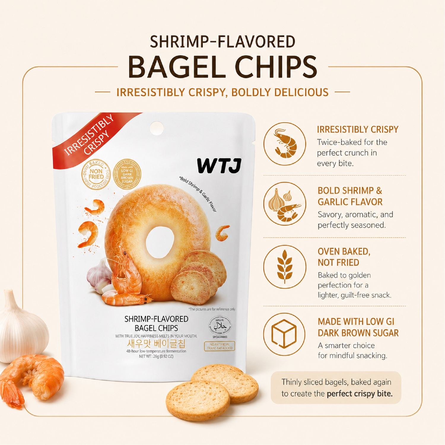 WTJ Shrimp Garlic Flavoured Bagel Chips 26g for Snacks, Keropok, Bagel Snacks, Crunchy Snacks