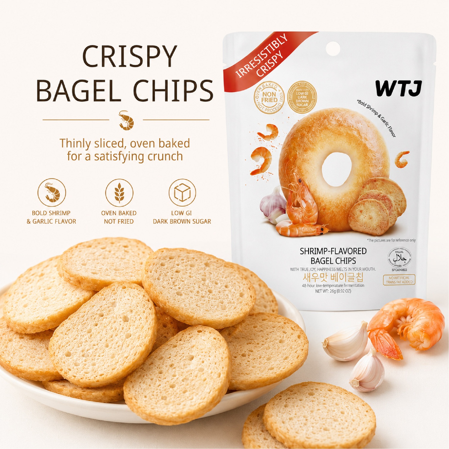 WTJ Shrimp Garlic Flavoured Bagel Chips 26g for Snacks, Keropok, Bagel Snacks, Crunchy Snacks